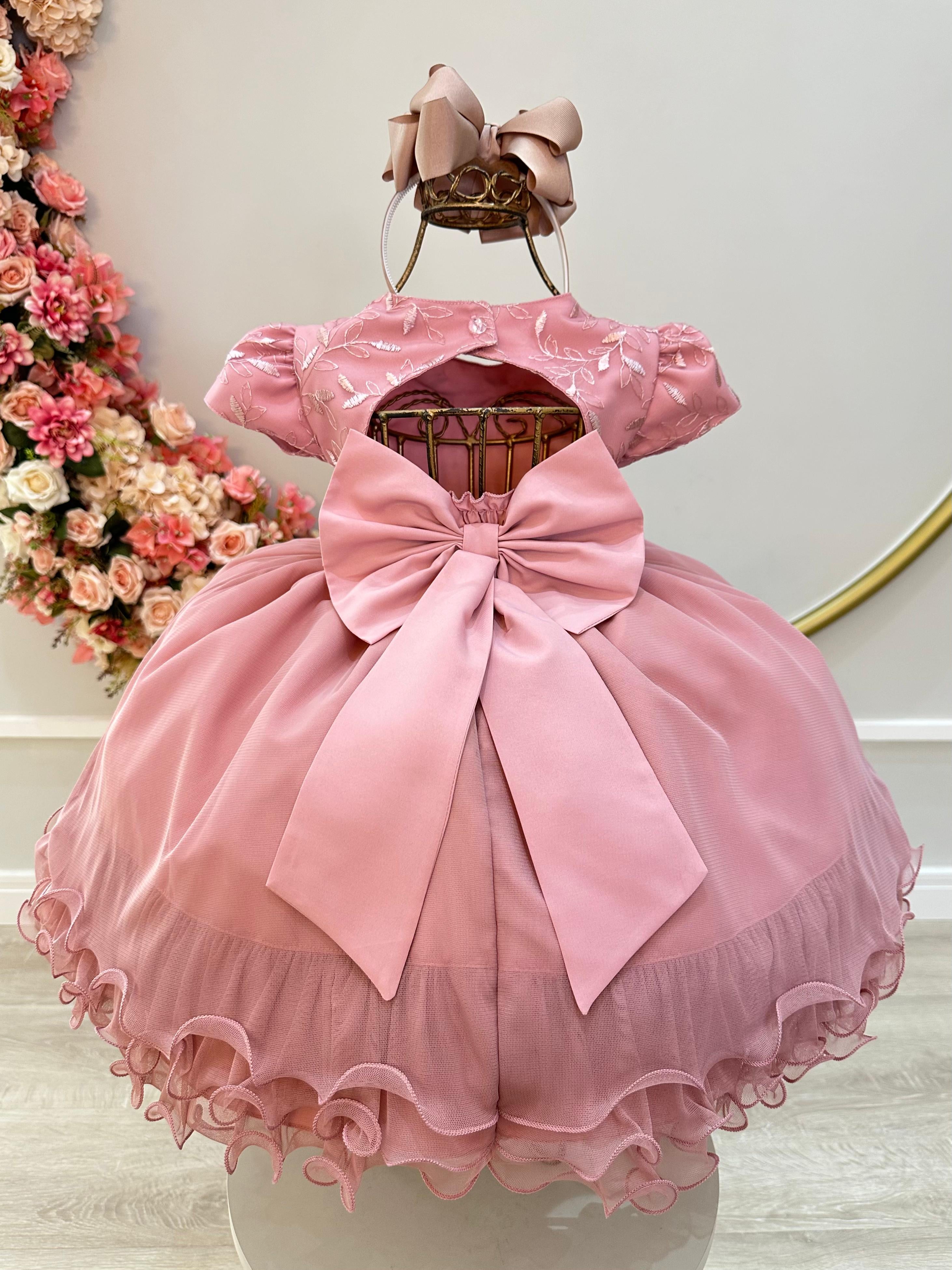 Vestido Infantil Rose e Busto C/ Renda Luxo Saia Com Babados