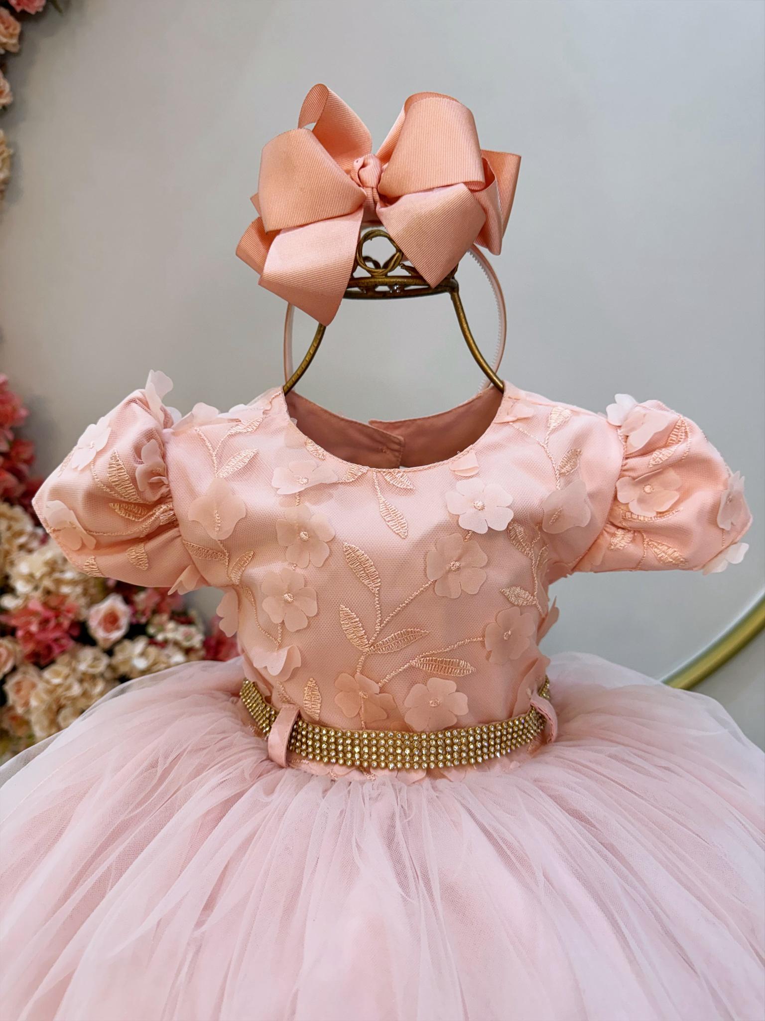 Vestido Infantil Salmão Bordado e Apliques de Flores Pérolas