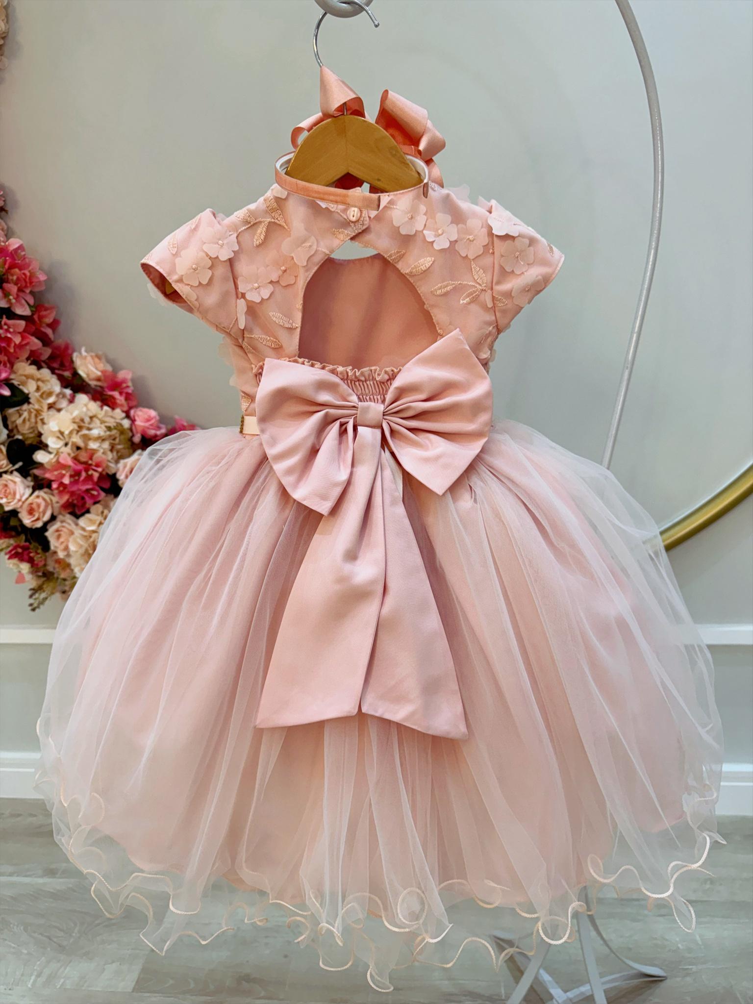 Vestido Infantil Salmão Bordado e Apliques de Flores Pérolas