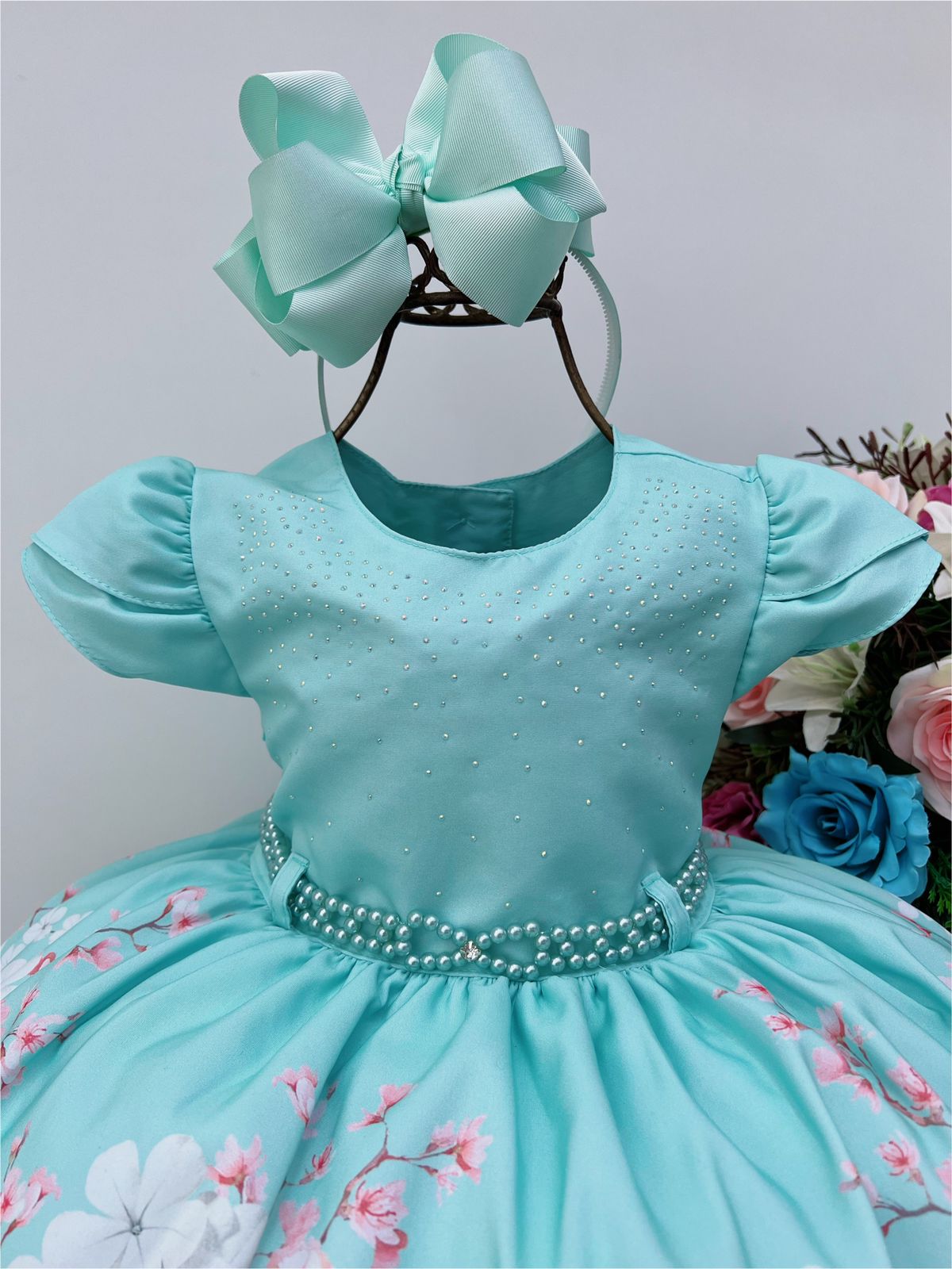 Vestido Infantil Verde Peito Strass e Pérolas Florido