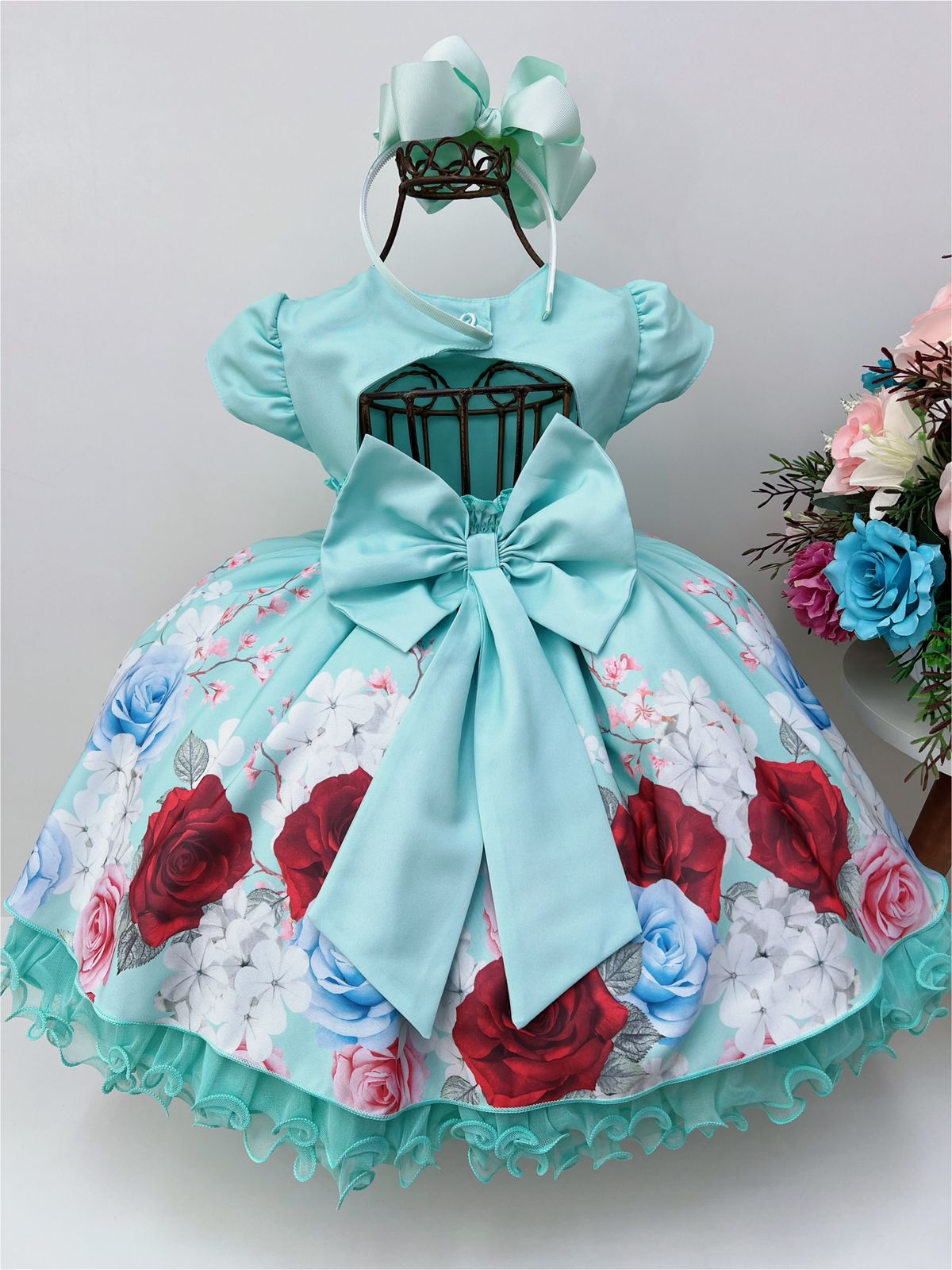 Vestido Infantil Verde Peito Strass e Pérolas Florido