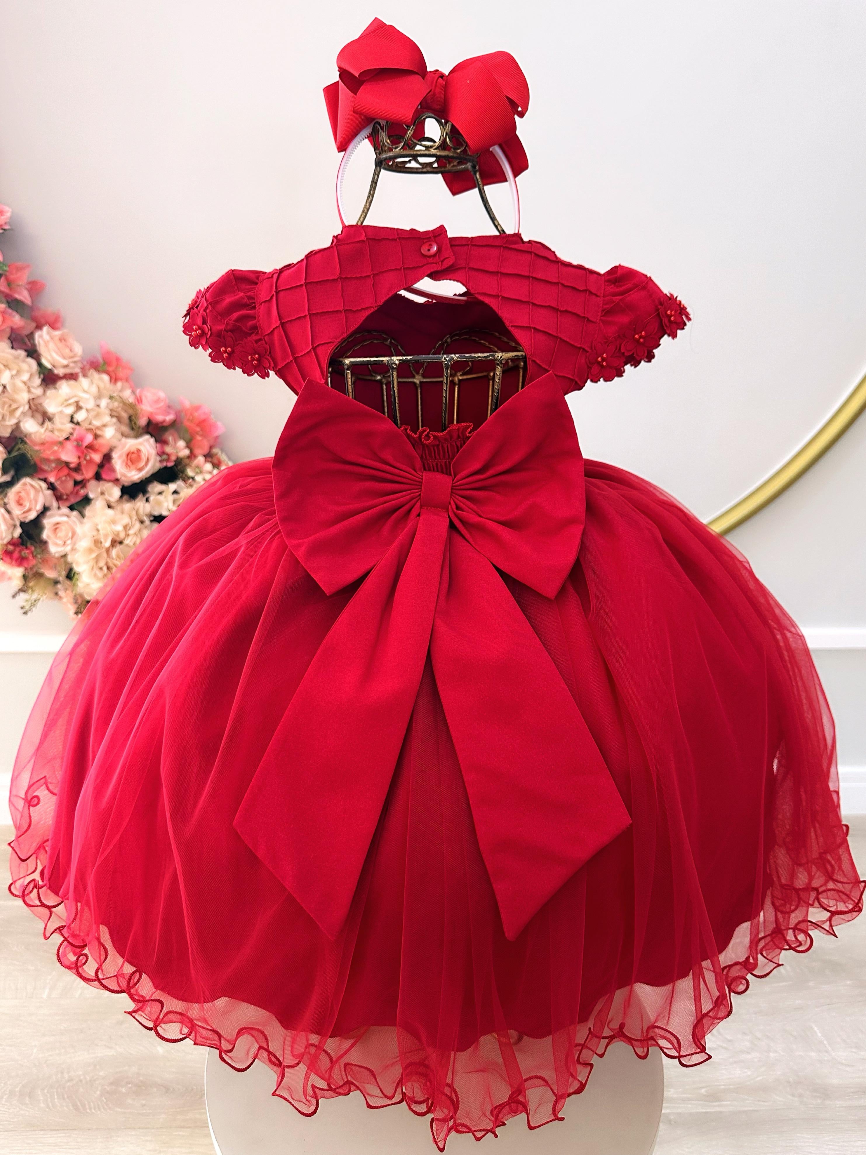 Vestido Infantil Vermelho Busto Nervura C/ Apliques Daminha