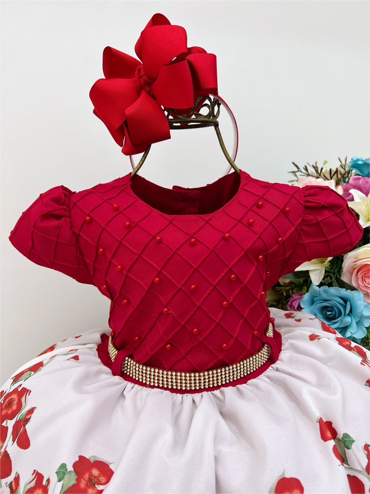 Vestido Infantil Vermelho Peito C/ Nervura Pérola Florido