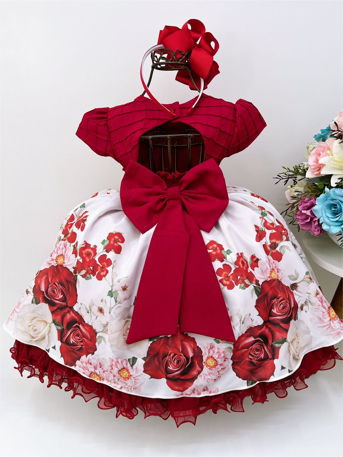 Vestido Infantil Vermelho Peito C/ Nervura Pérola Florido