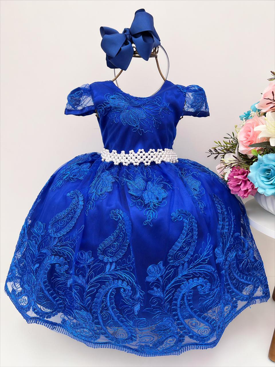 Vestido Infantil Azul Royal com Renda e Cinto e Pérolas