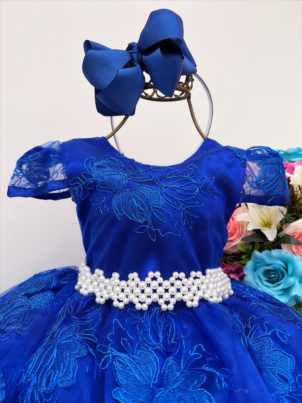 Vestido Infantil Azul Royal com Renda e Cinto e Pérolas