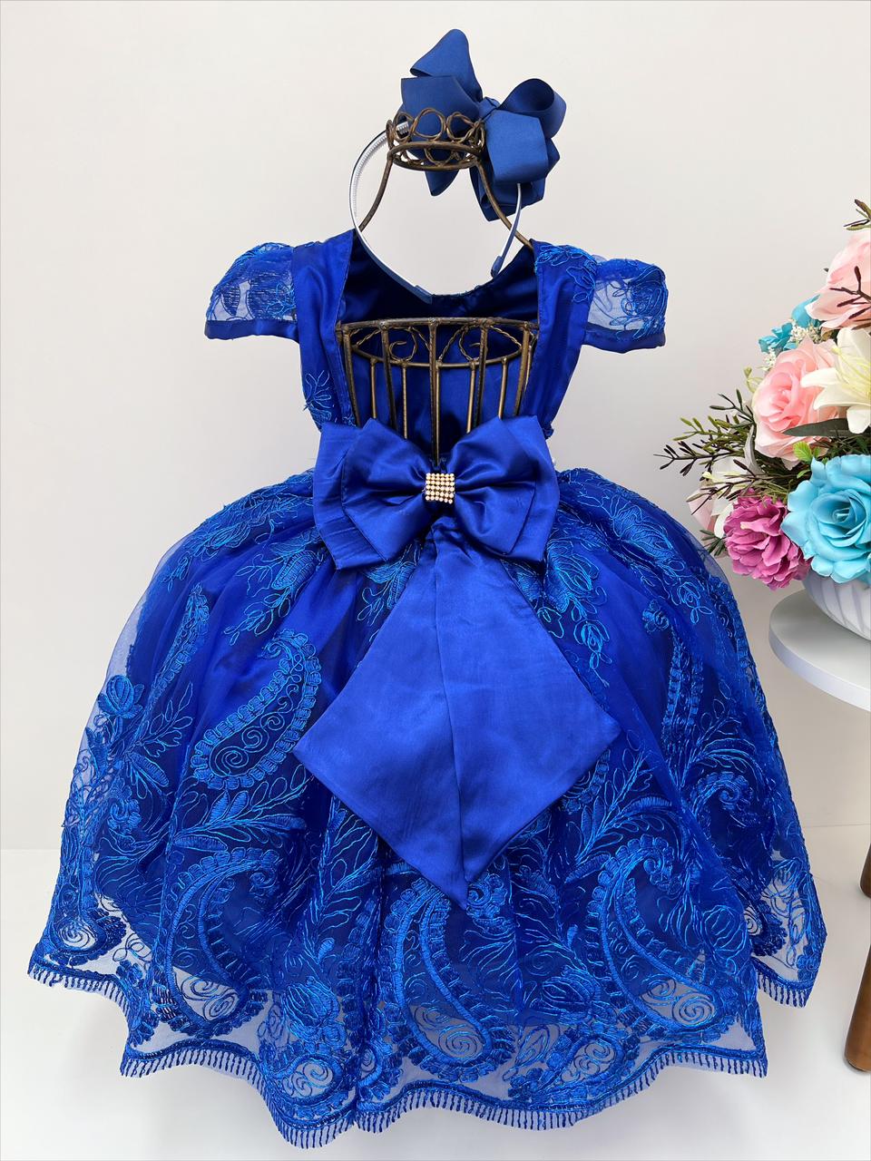 Vestido Infantil Azul Royal com Renda e Cinto e Pérolas