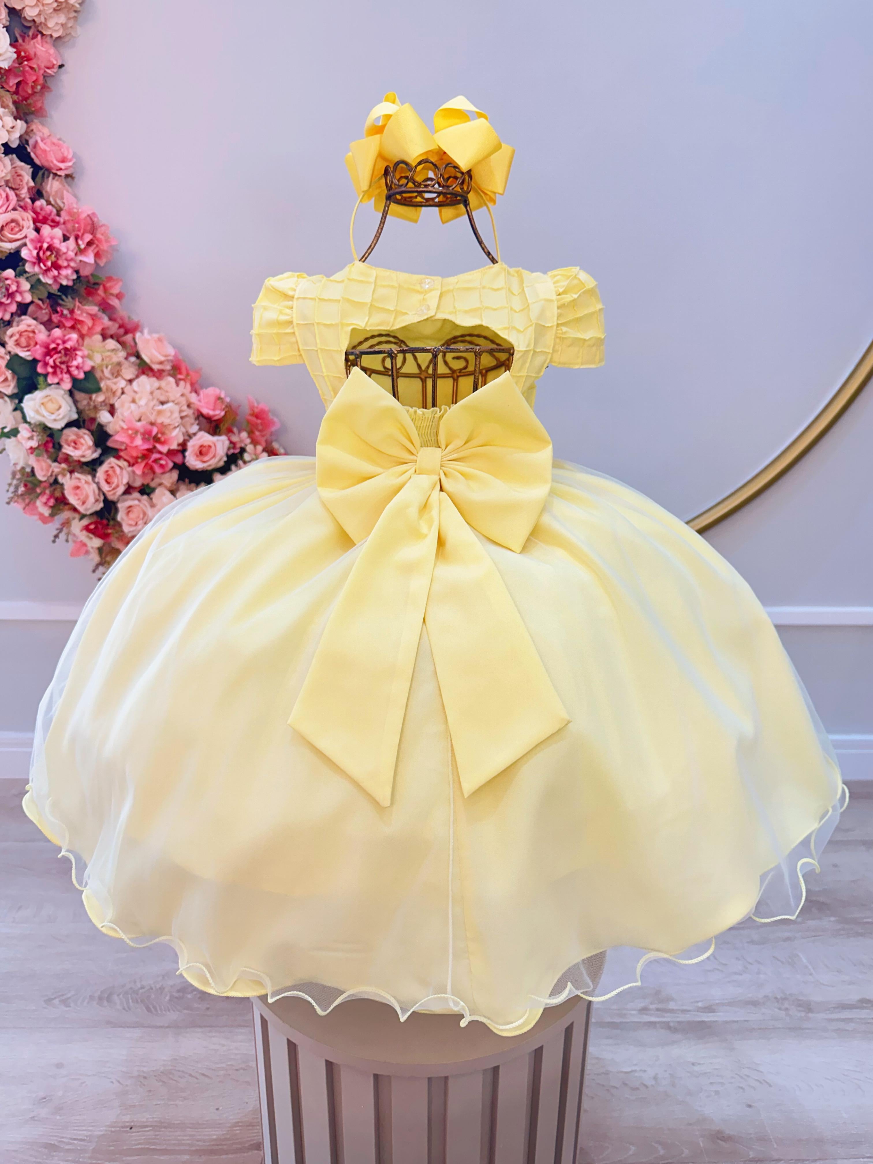 Vestido Infantil Amarelo Busto Nervura Strass Daminhas