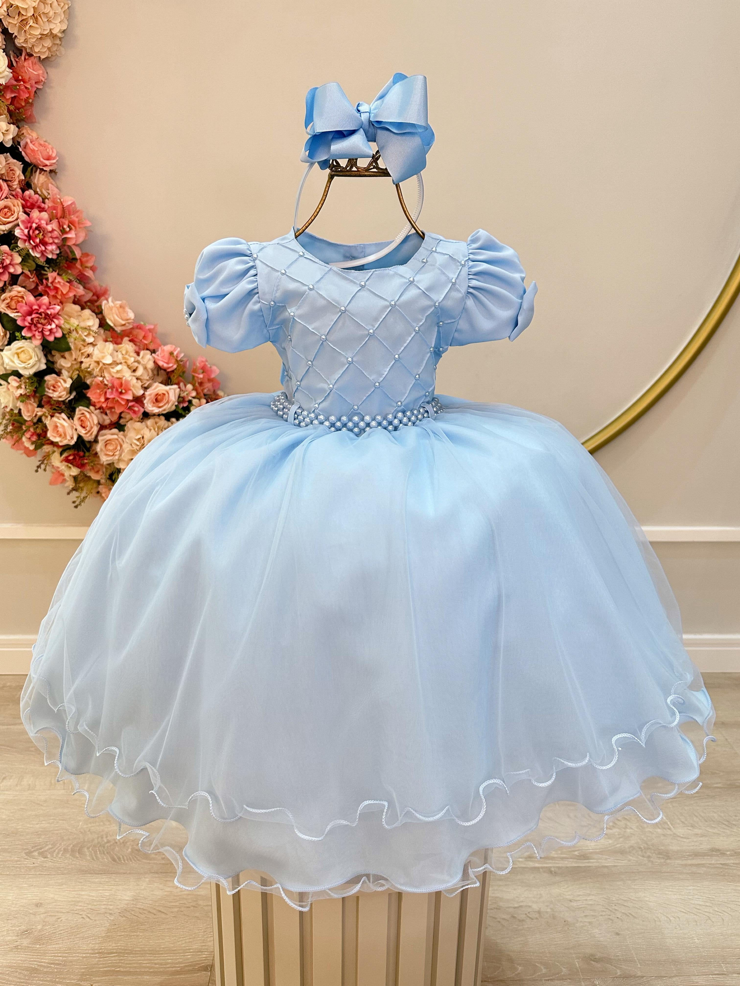 Vestido Infantil Azul Bebê Busto C/ Nervura Pérolas Daminhas