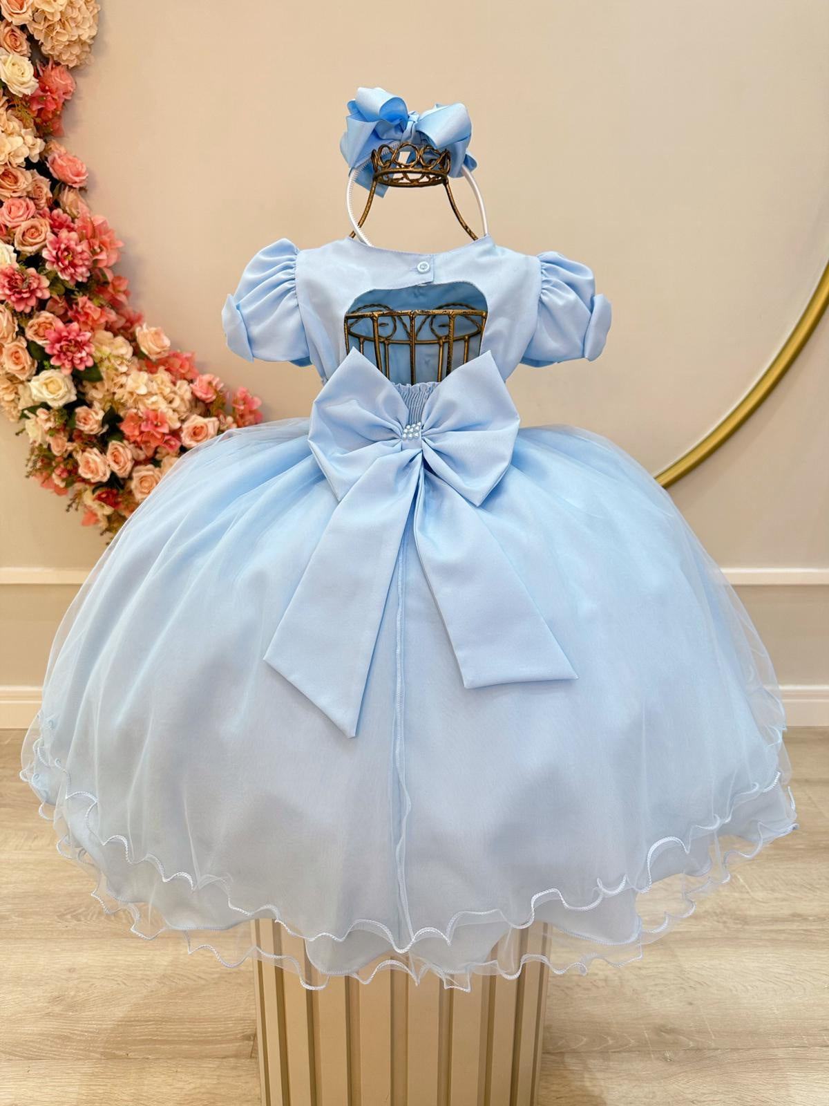 Vestido Infantil Azul Bebê Busto C/ Nervura Pérolas Daminhas