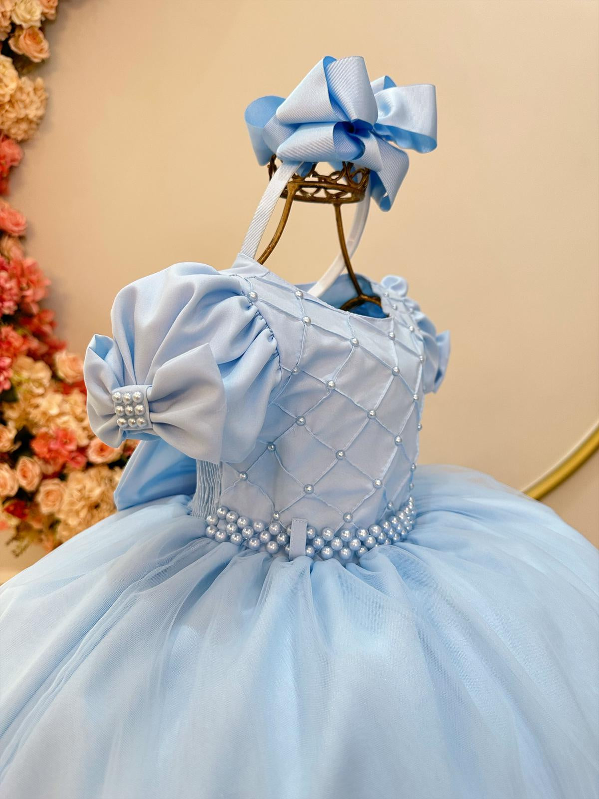 Vestido Infantil Azul Bebê Busto C/ Nervura Pérolas Daminhas