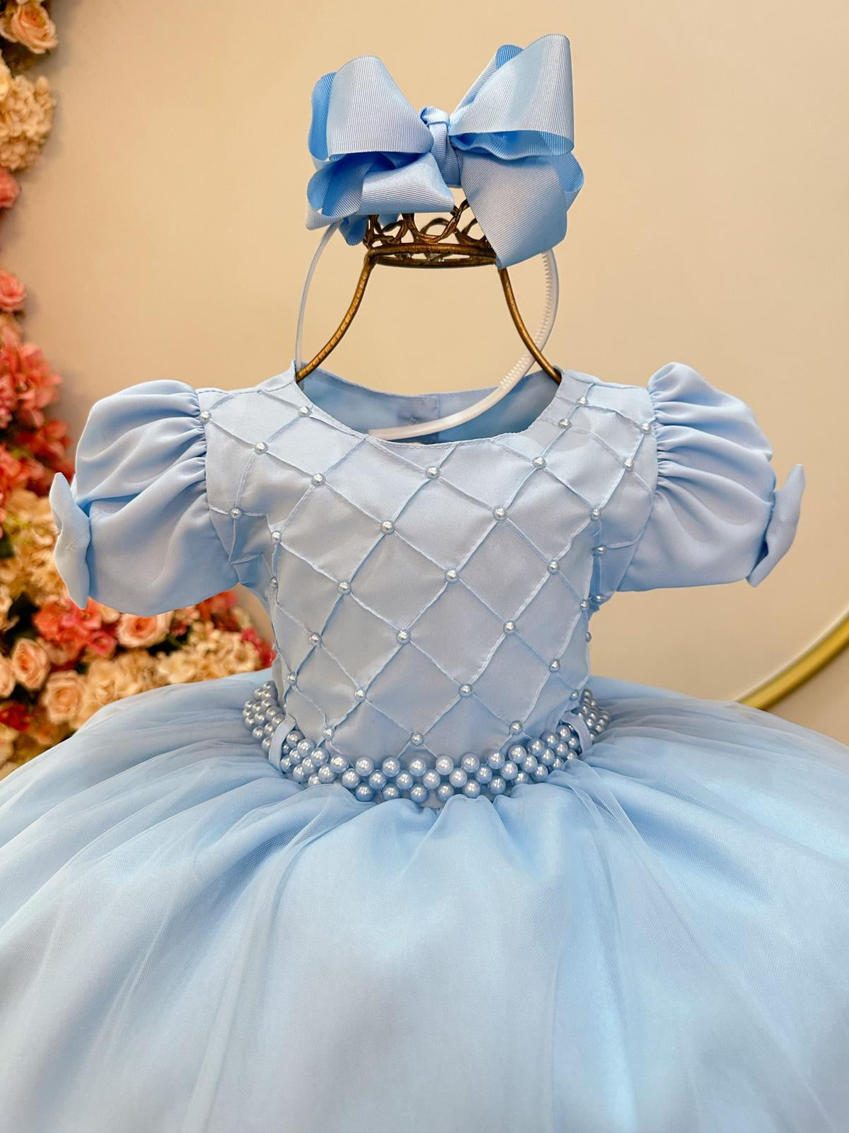 Vestido Infantil Azul Bebê Busto C/ Nervura Pérolas Daminhas