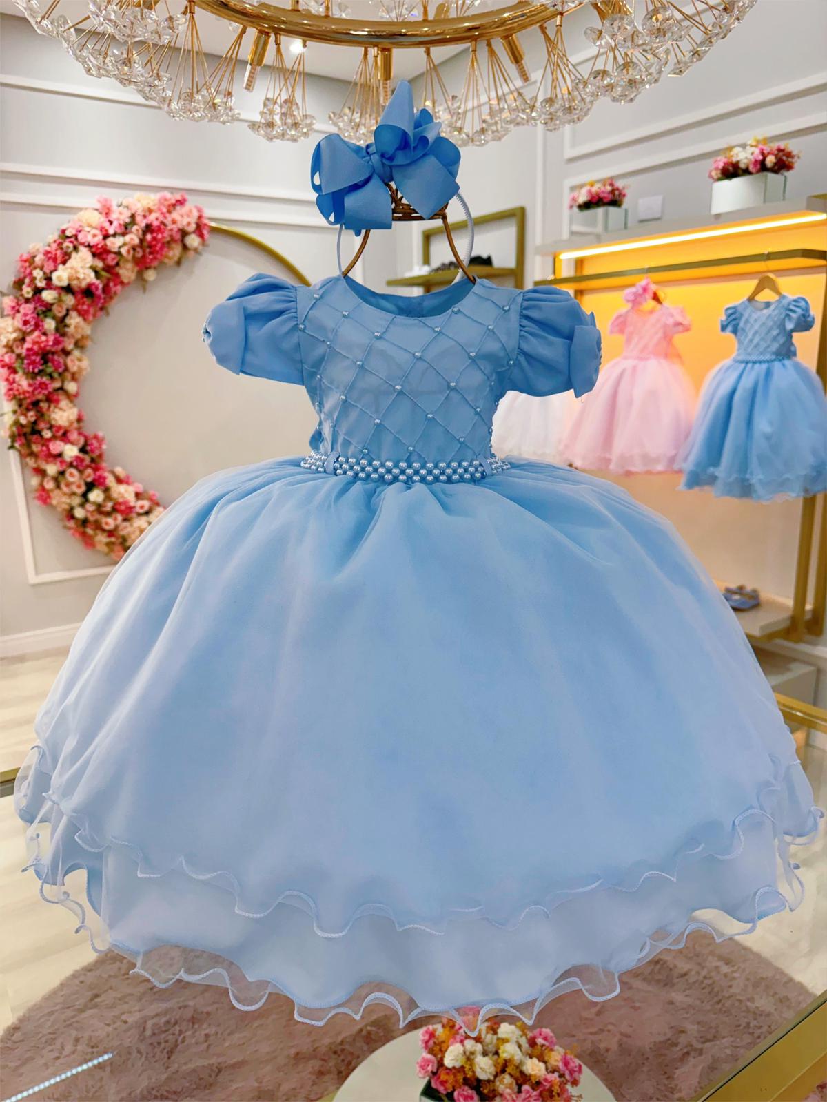 Vestido Infantil Azul Bebê Busto C/ Nervura Pérolas Daminhas