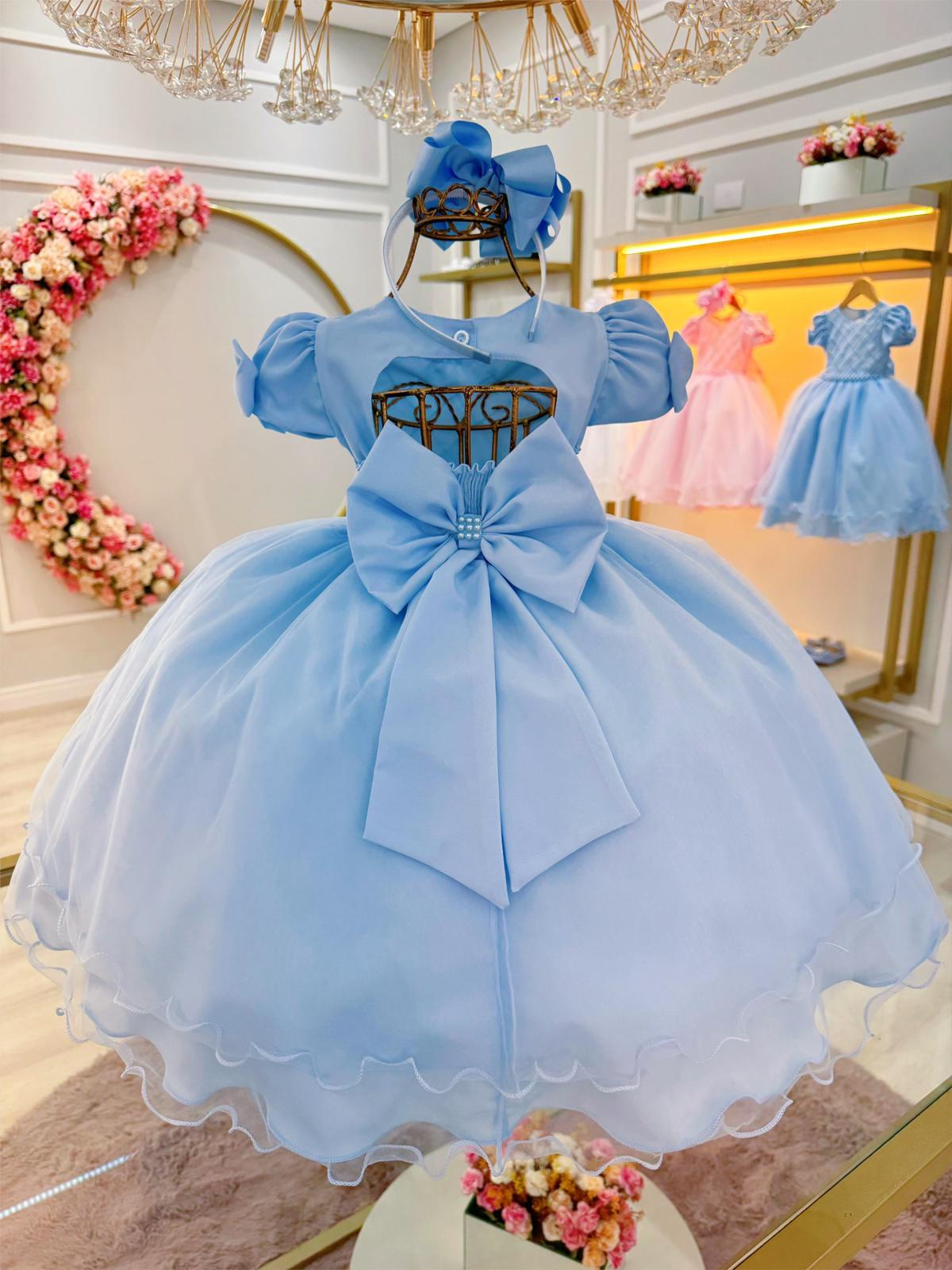 Vestido Infantil Azul Bebê Busto C/ Nervura Pérolas Daminhas