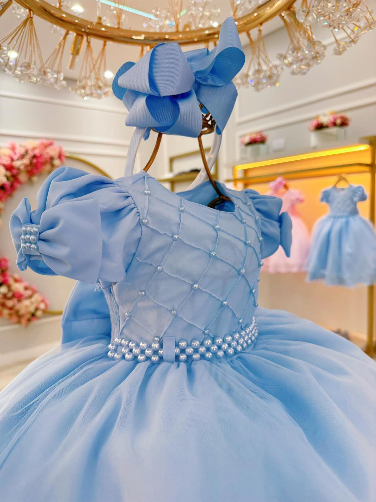 Vestido Infantil Azul Bebê Busto C/ Nervura Pérolas Daminhas