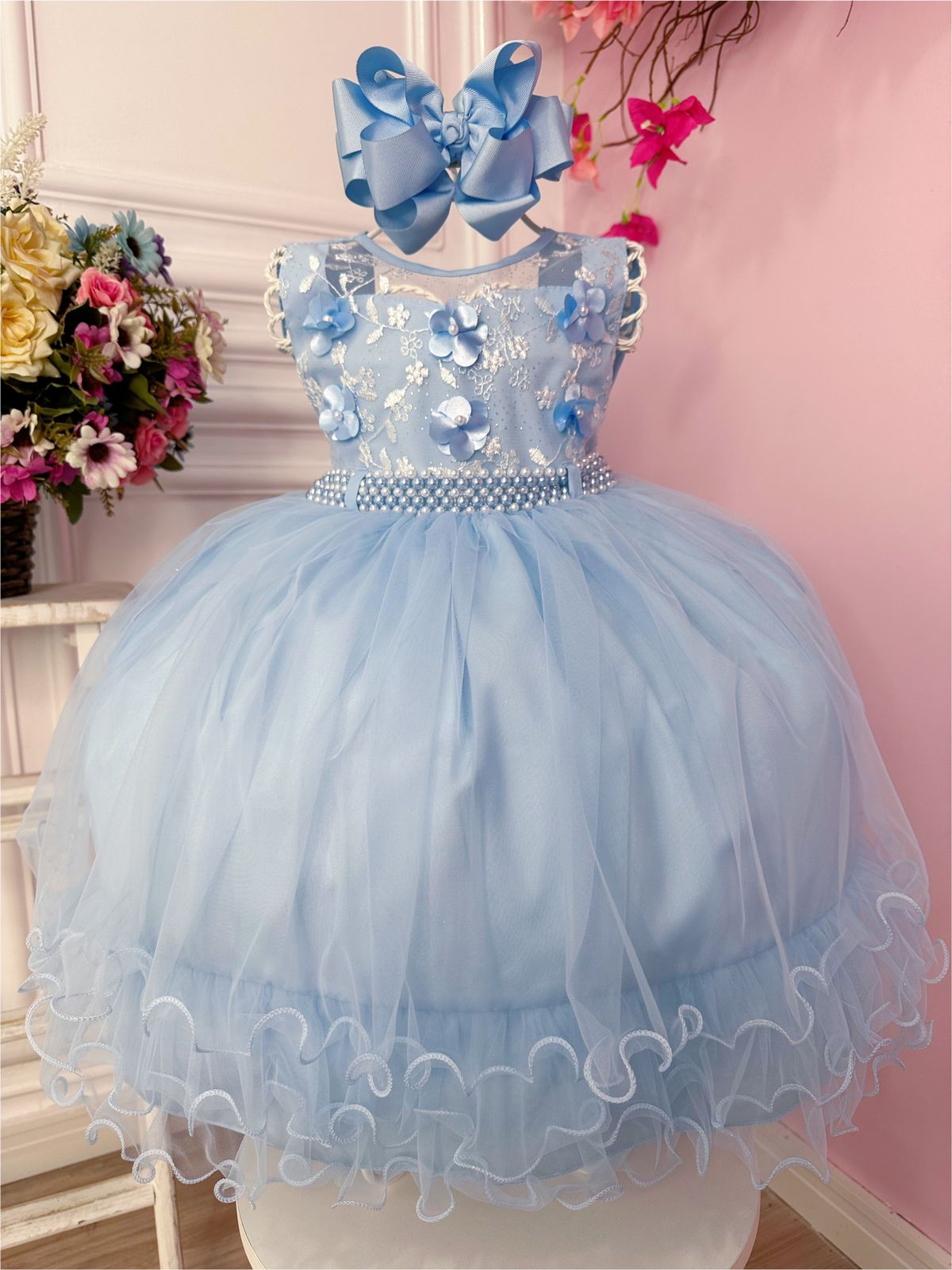 Vestido Infantil Azul Bebê C/ Aplique de Flores e Renda Luxo