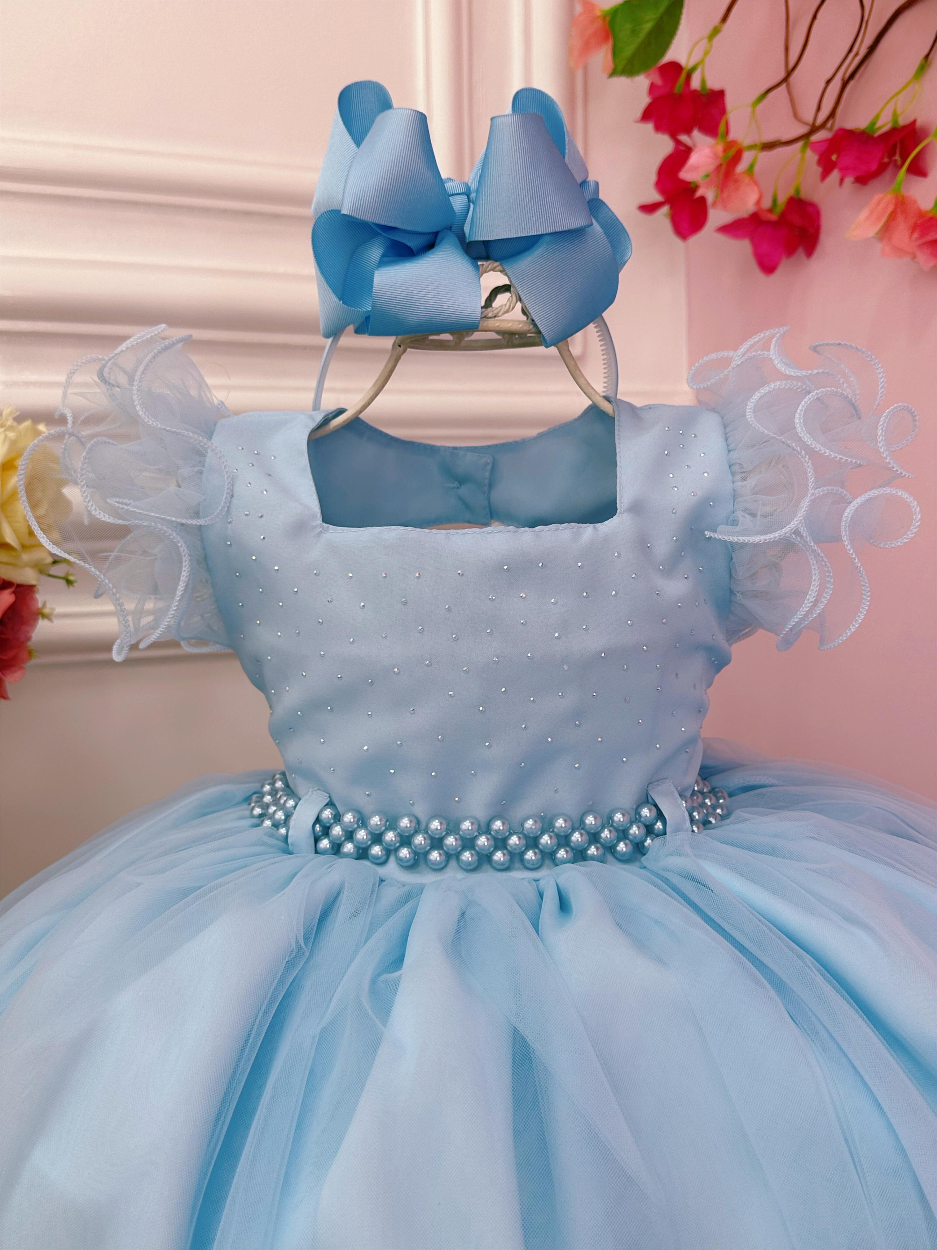 Vestido Infantil Azul Bebê Strass no Busto e Cinto de Pérolas