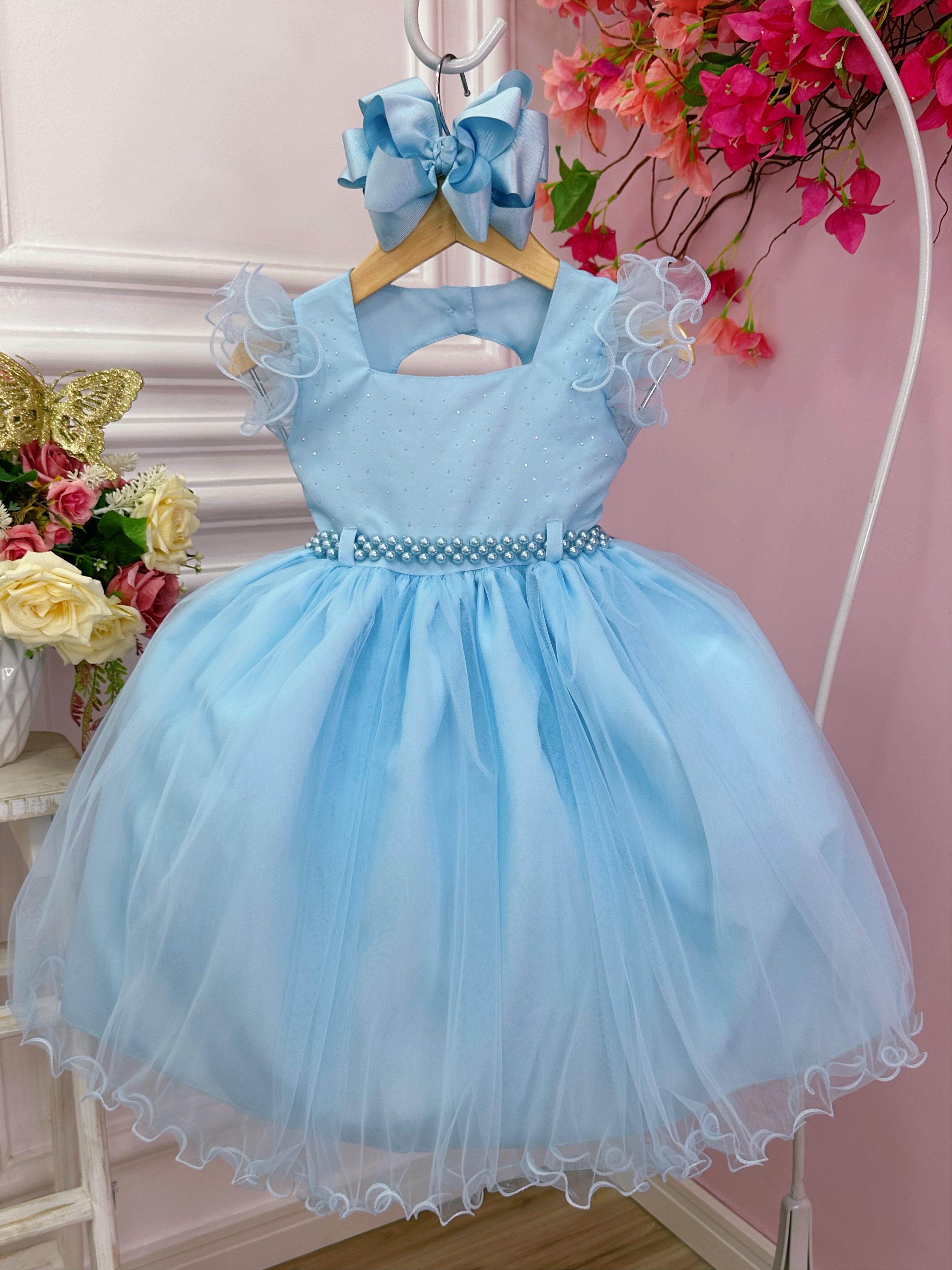 Vestido Infantil Azul Bebê Strass no Busto e Cinto de Pérolas