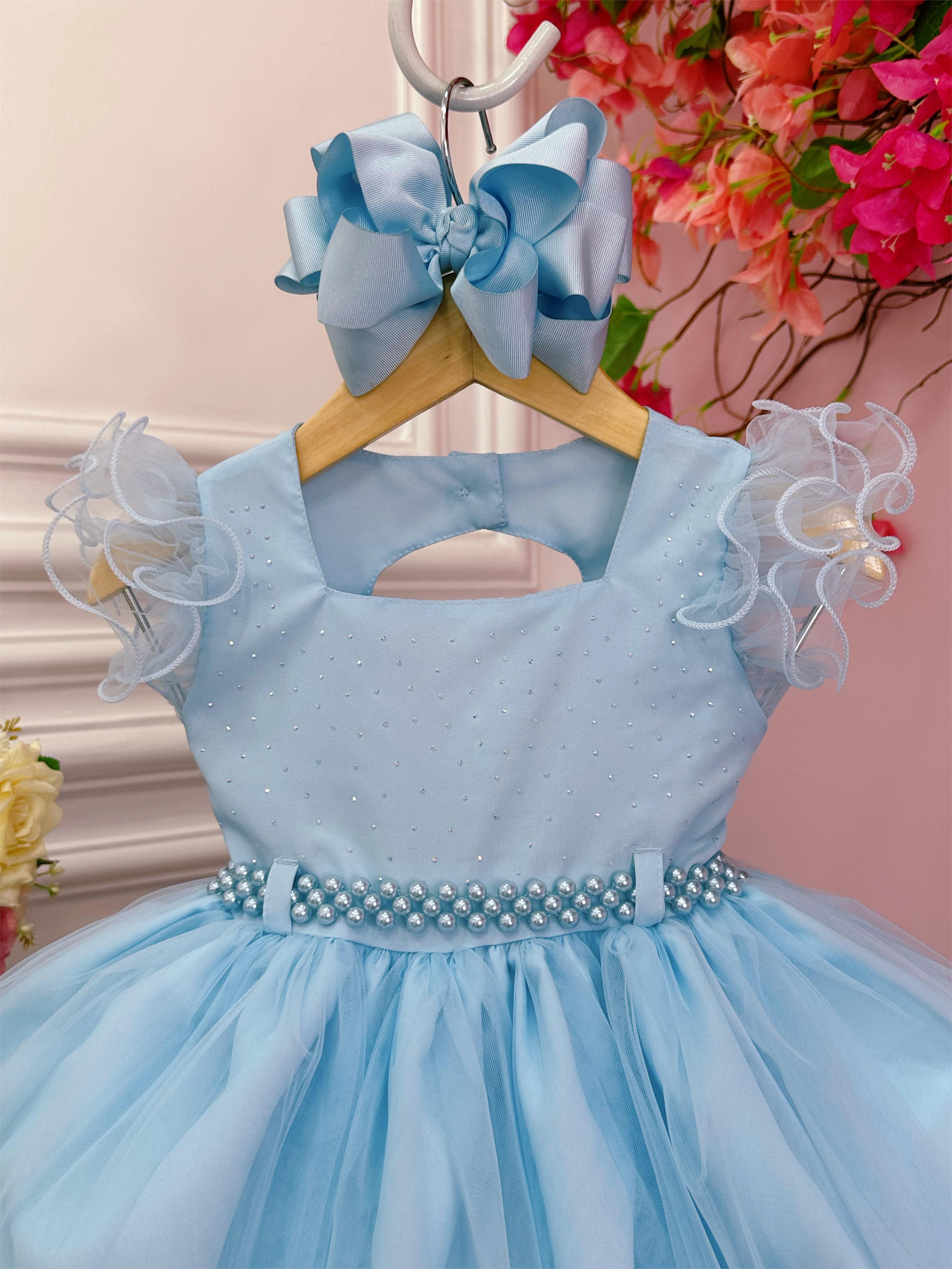 Vestido Infantil Azul Bebê Strass no Busto e Cinto de Pérolas