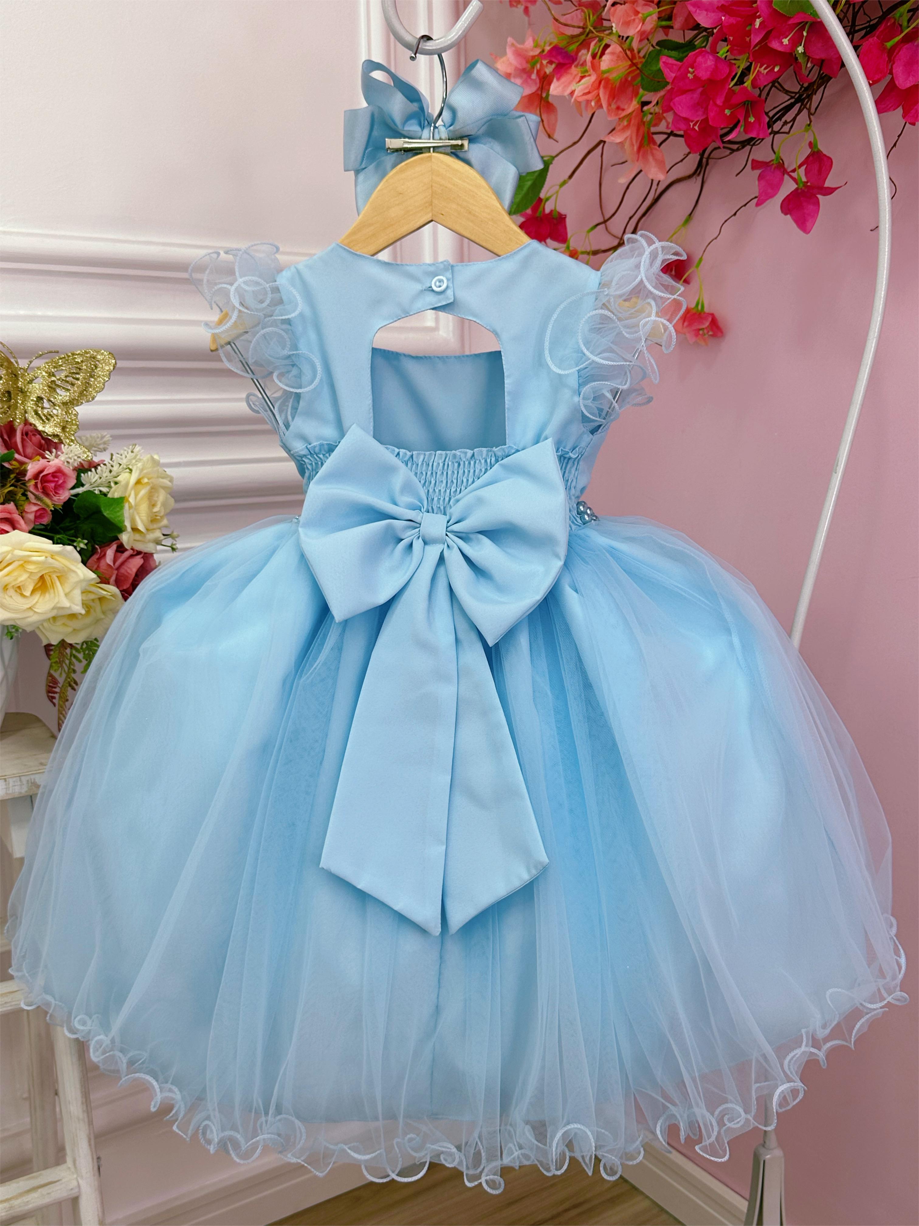 Vestido Infantil Azul Bebê Strass no Busto e Cinto de Pérolas