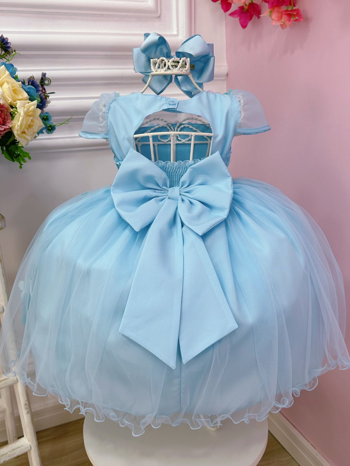 Vestido Infantil Azul Busto Plissado Com Flores Borboleta