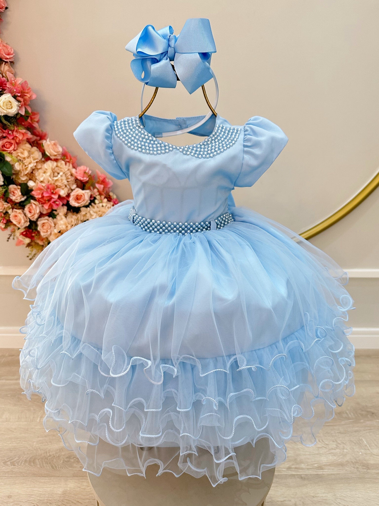 Vestido Infantil Azul Claro C/ Pérolas e Saia Babados Luxo