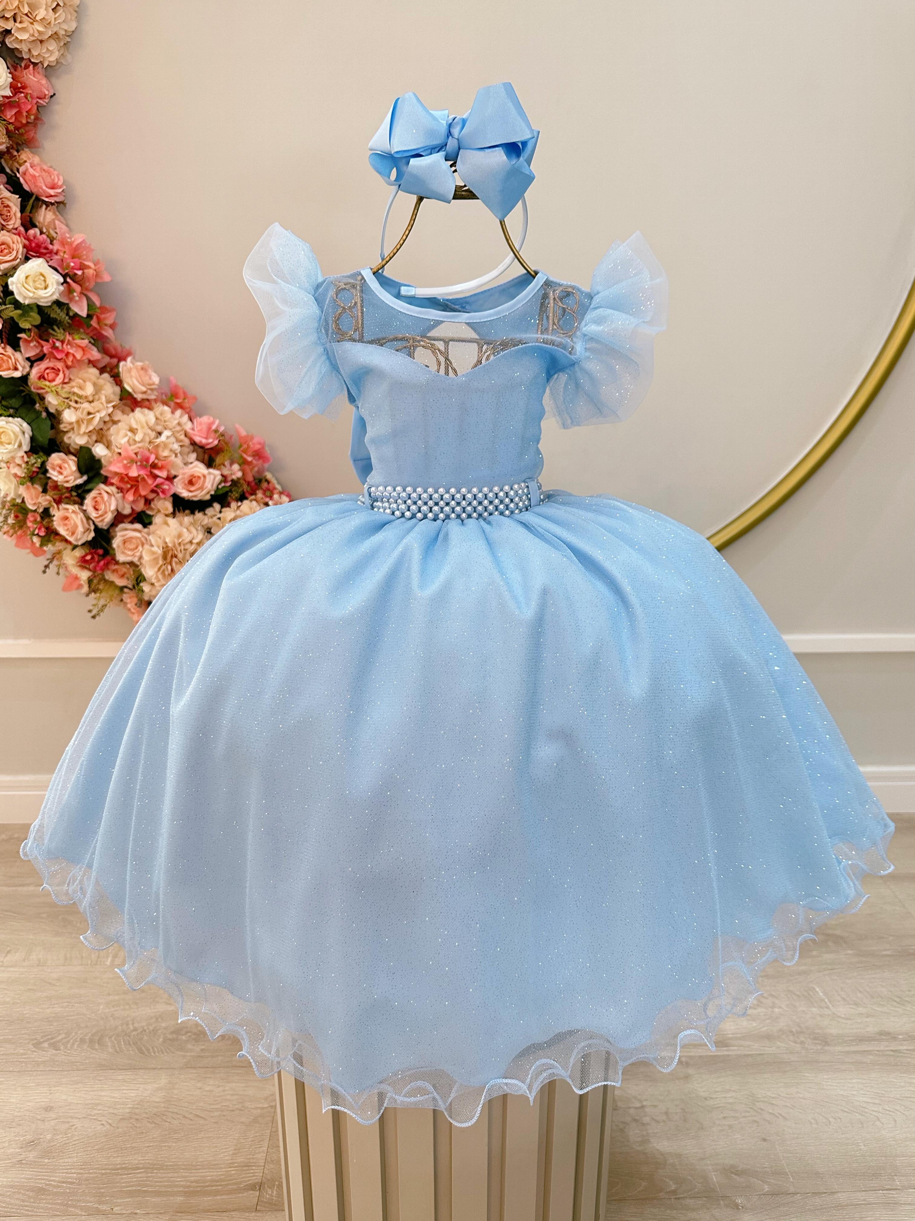 Vestido Infantil Azul Com Cinto de Pérolas Daminhas