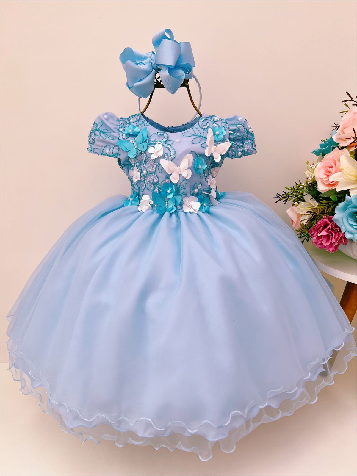 Vestido Infantil Azul Com Renda Aplique Borboletas e Flores