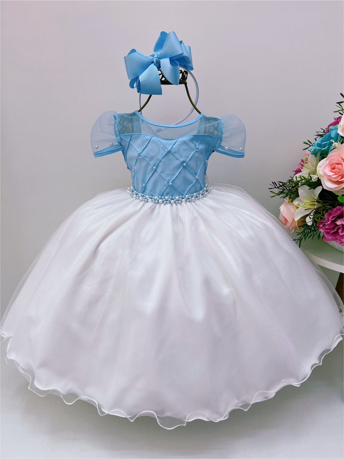 Vestido Infantil Azul Saia Off Com Nervura Peito e Pérolas