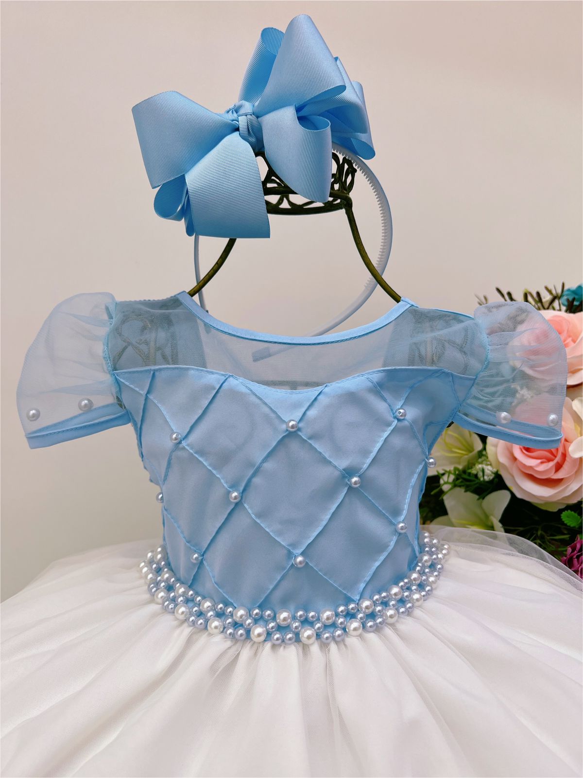 Vestido Infantil Azul Saia Off Com Nervura Peito e Pérolas