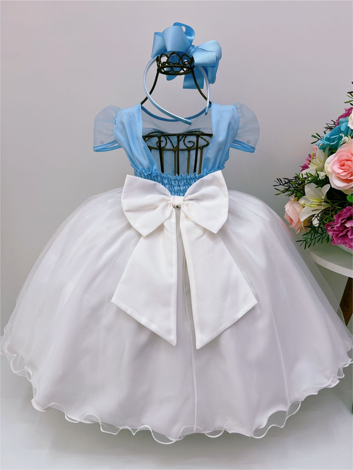 Vestido Infantil Azul Saia Off Com Nervura Peito e Pérolas