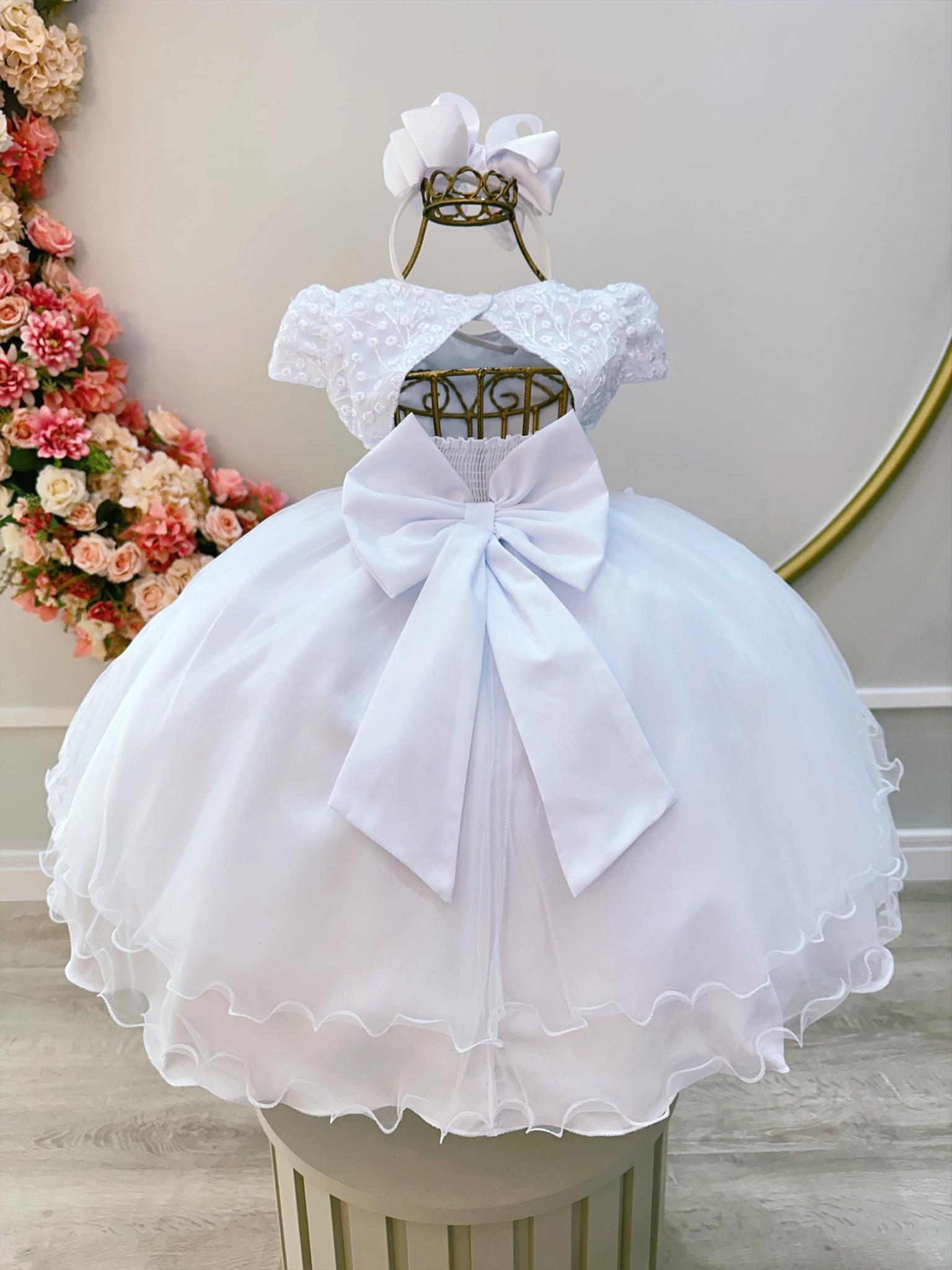 Vestido Infantil Branco C/ Renda e Aplique de Flores Borboletas