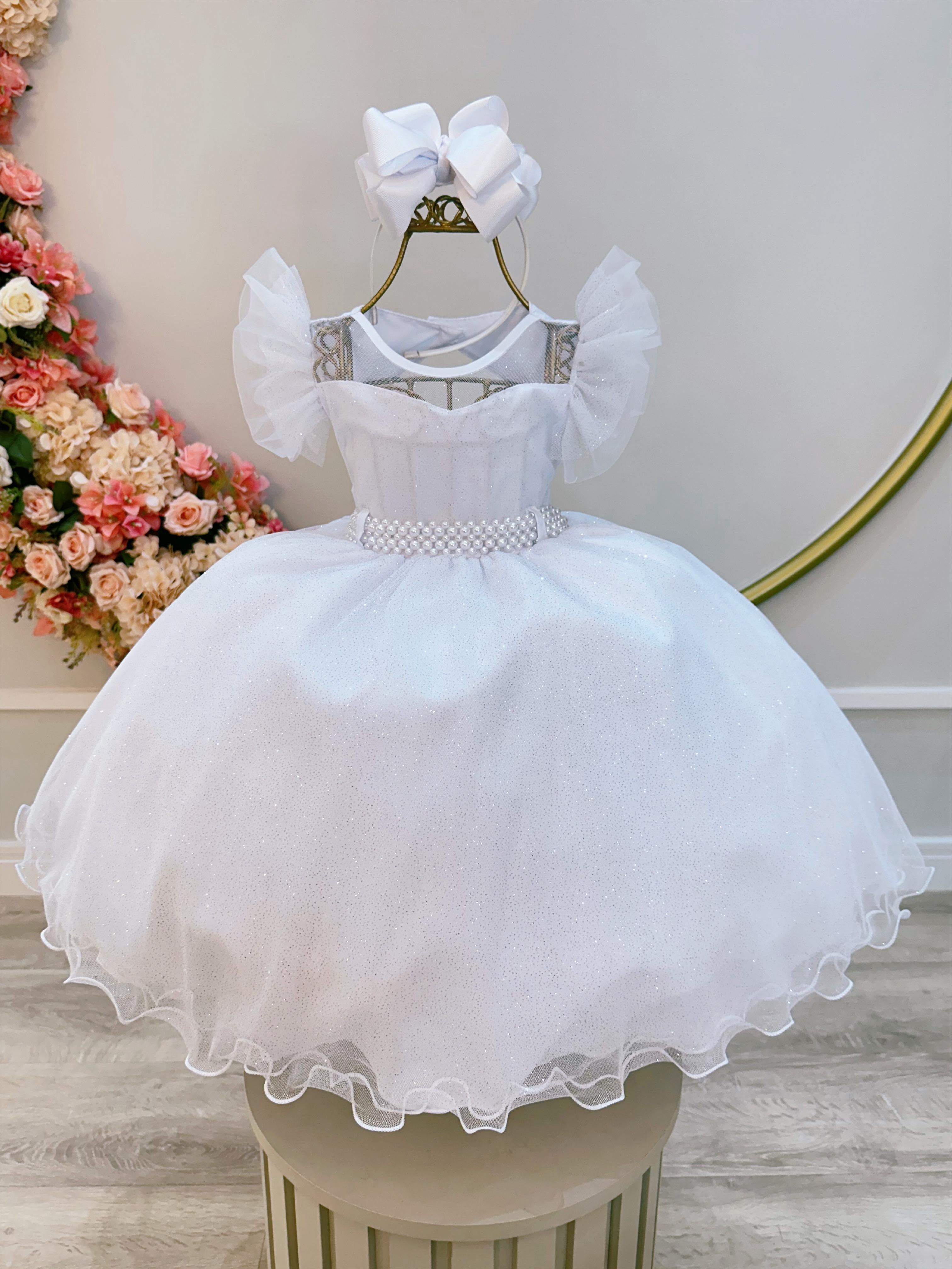 Vestido Infantil Branco Com Cinto de Pérolas Daminhas