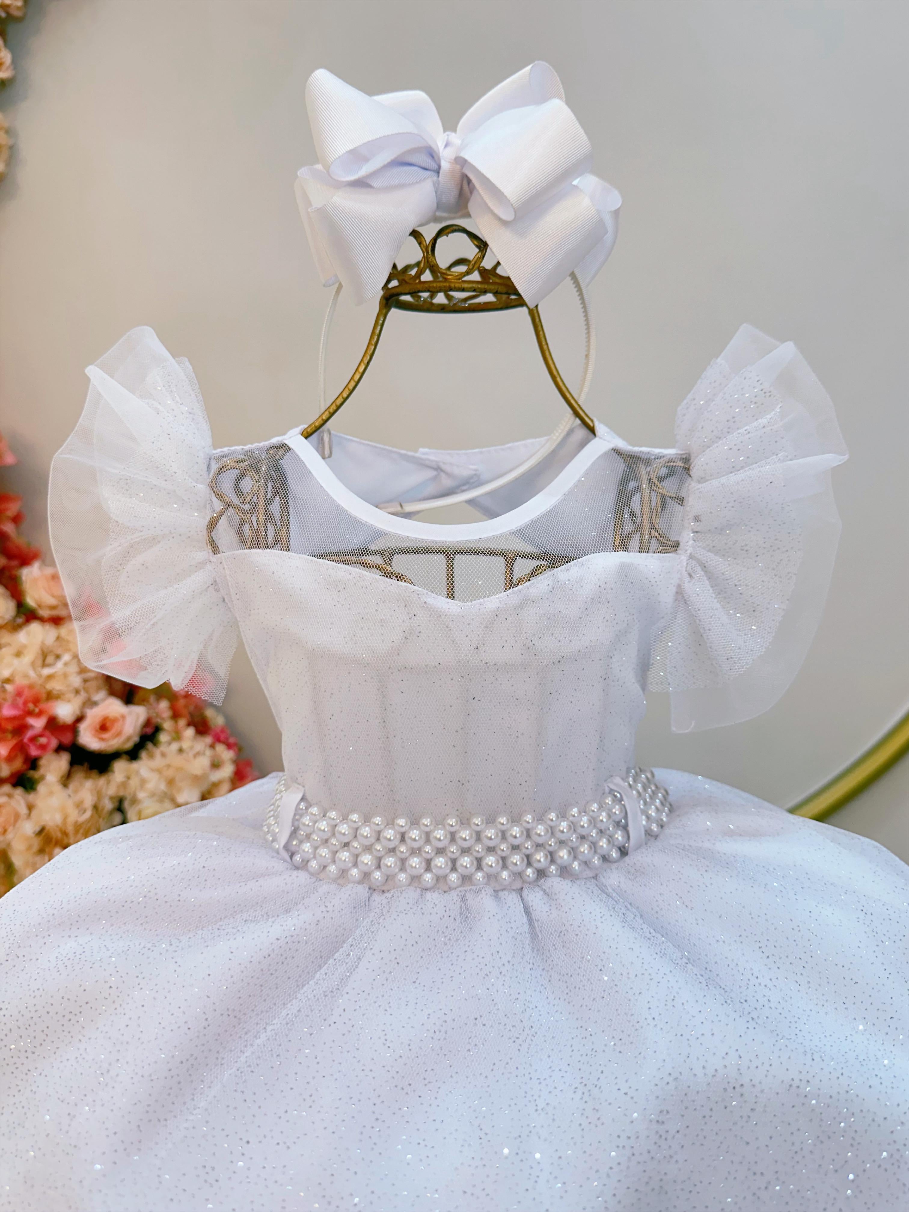 Vestido Infantil Branco Com Cinto de Pérolas Daminhas