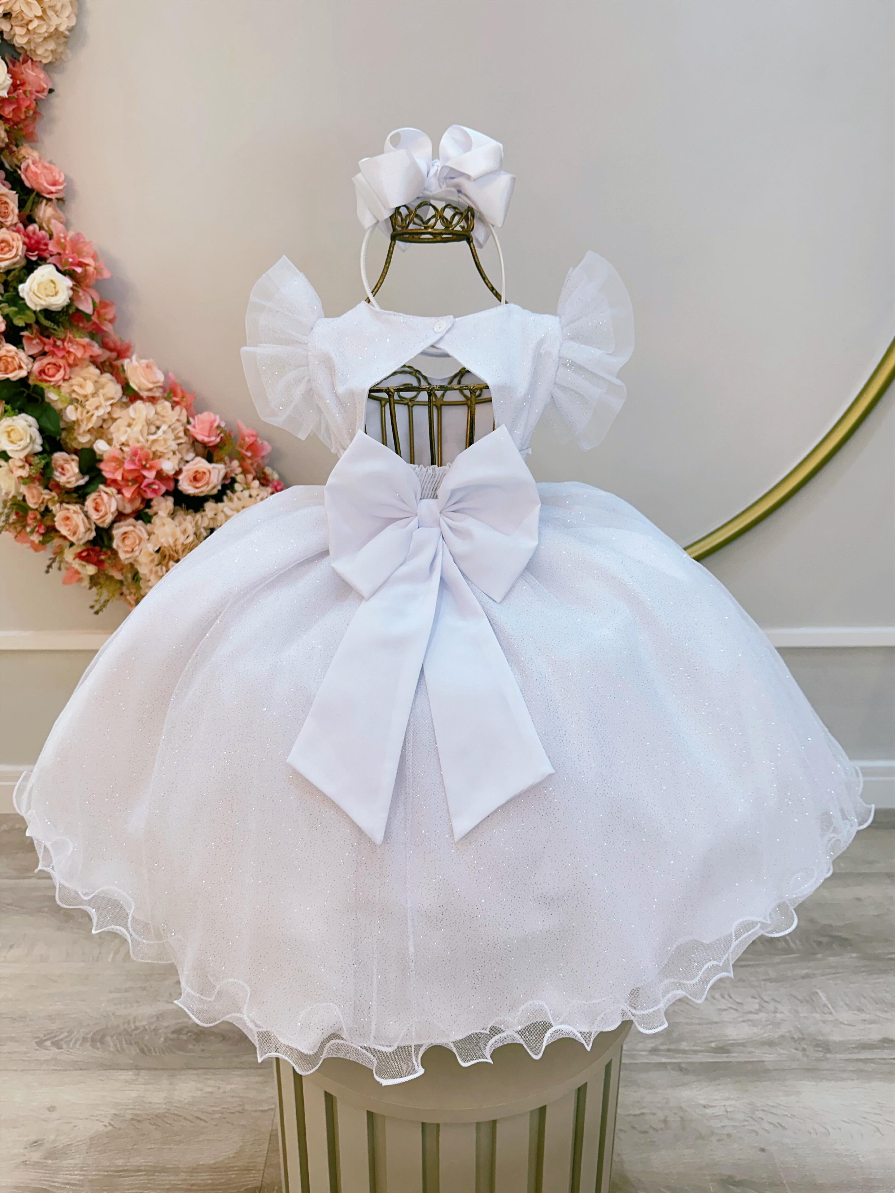 Vestido Infantil Branco Com Cinto de Pérolas Daminhas