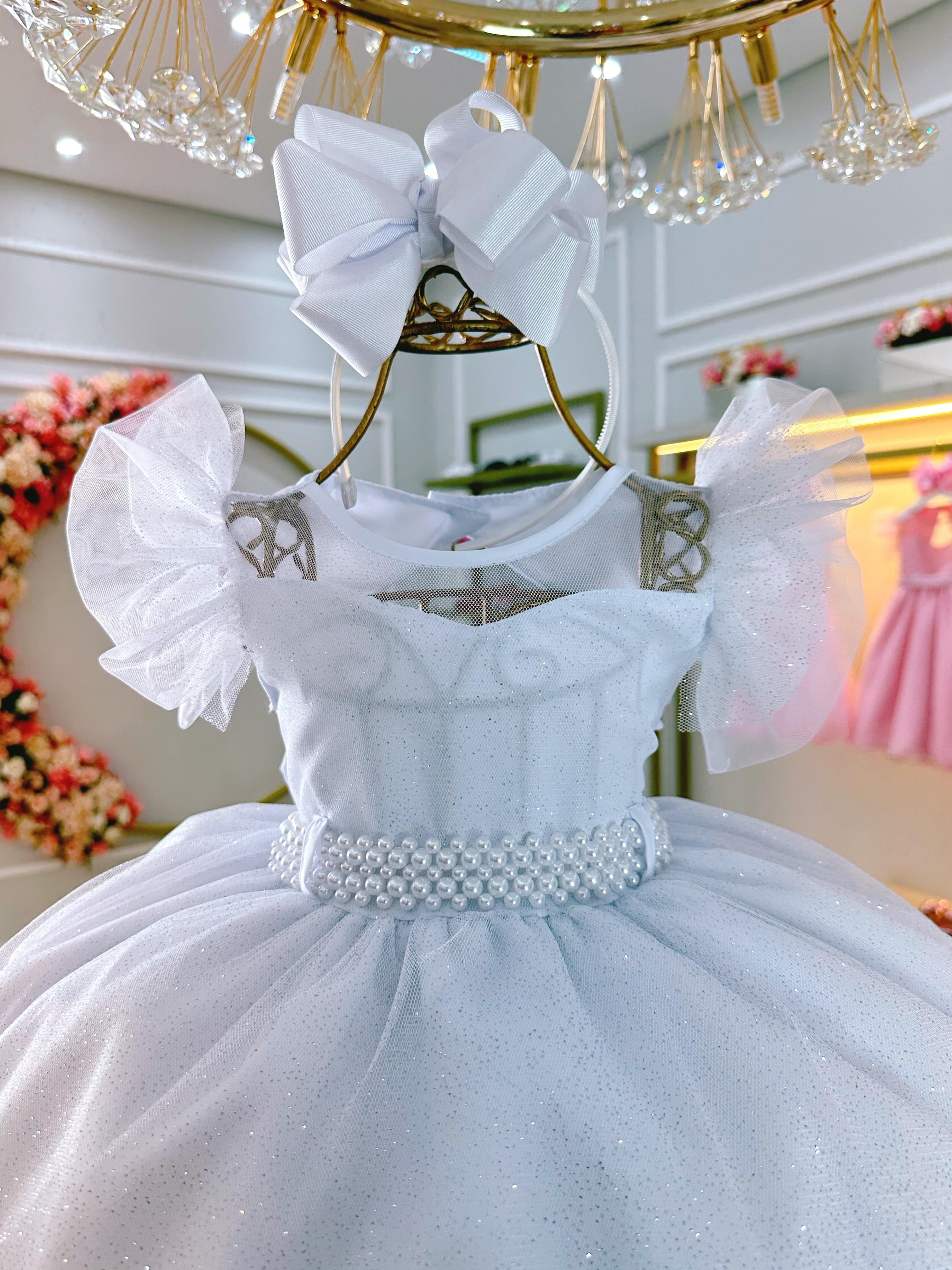 Vestido Infantil Branco Com Cinto de Pérolas Daminhas