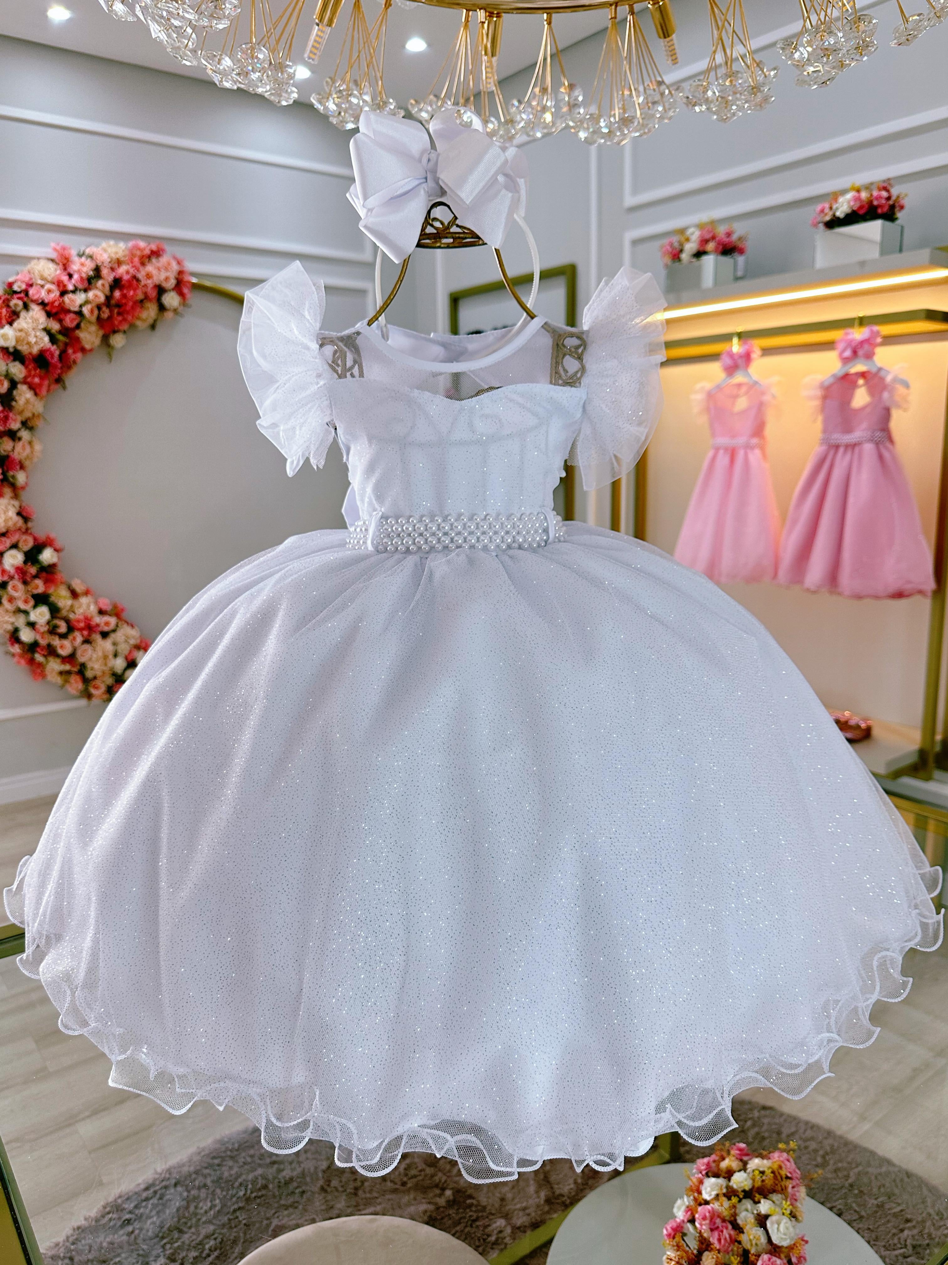 Vestido Infantil Branco Com Cinto de Pérolas Daminhas