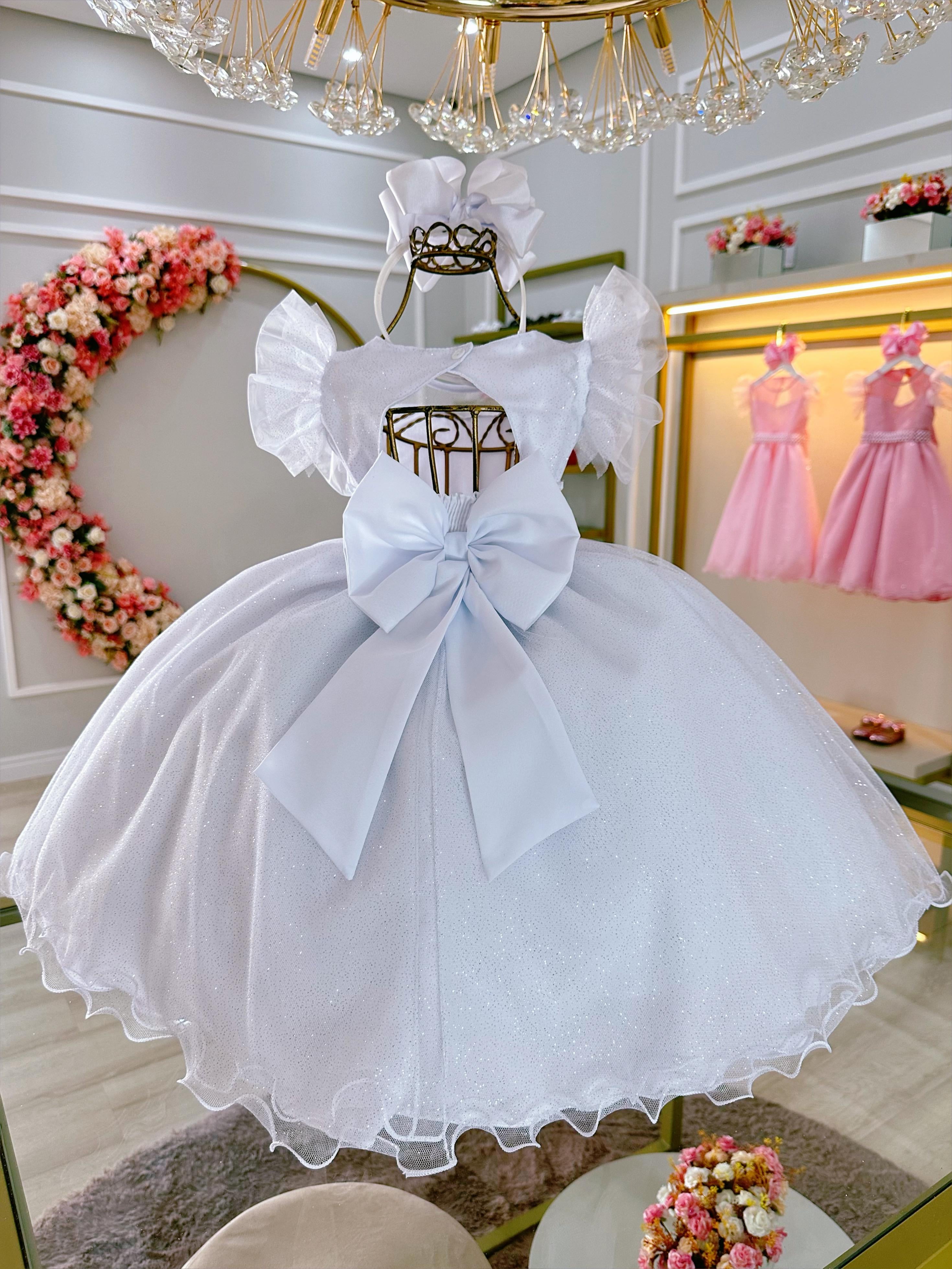 Vestido Infantil Branco Com Cinto de Pérolas Daminhas