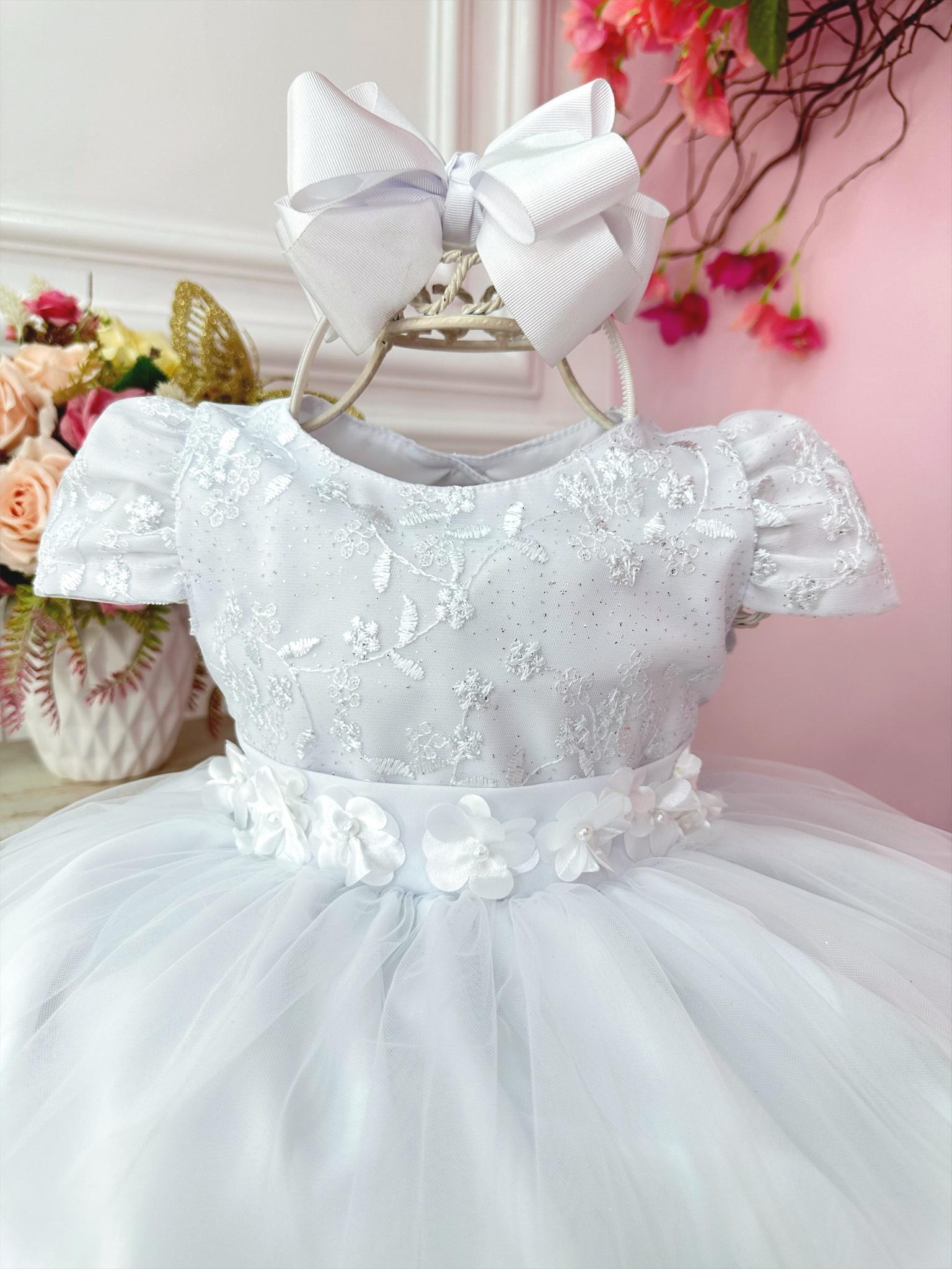 Vestido Infantil Branco Com Renda e Aplique de Flores Festas