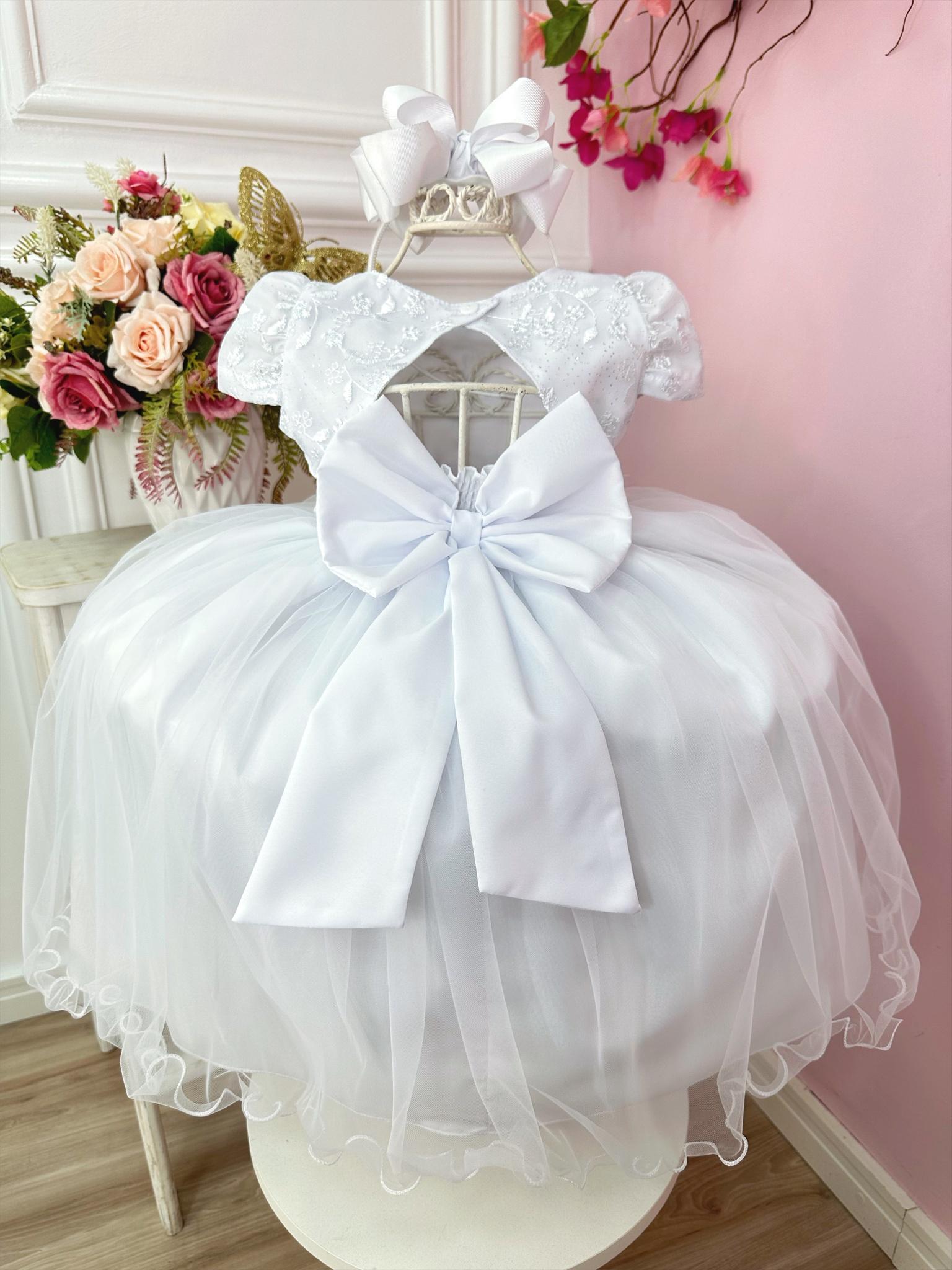 Vestido Infantil Branco Com Renda e Aplique de Flores Festas
