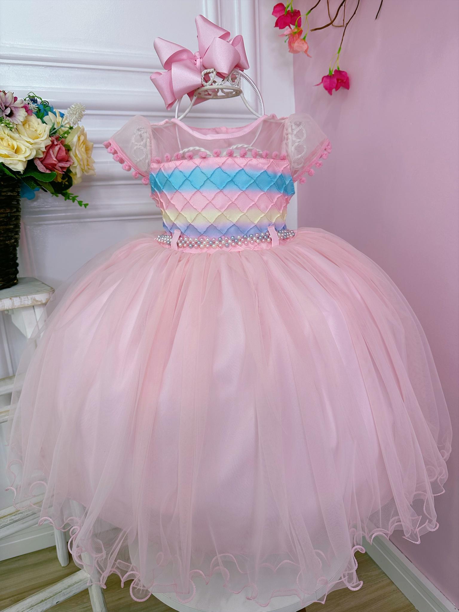 Vestido Infantil Chuva de Amor Busto Nervura C/ Pompons