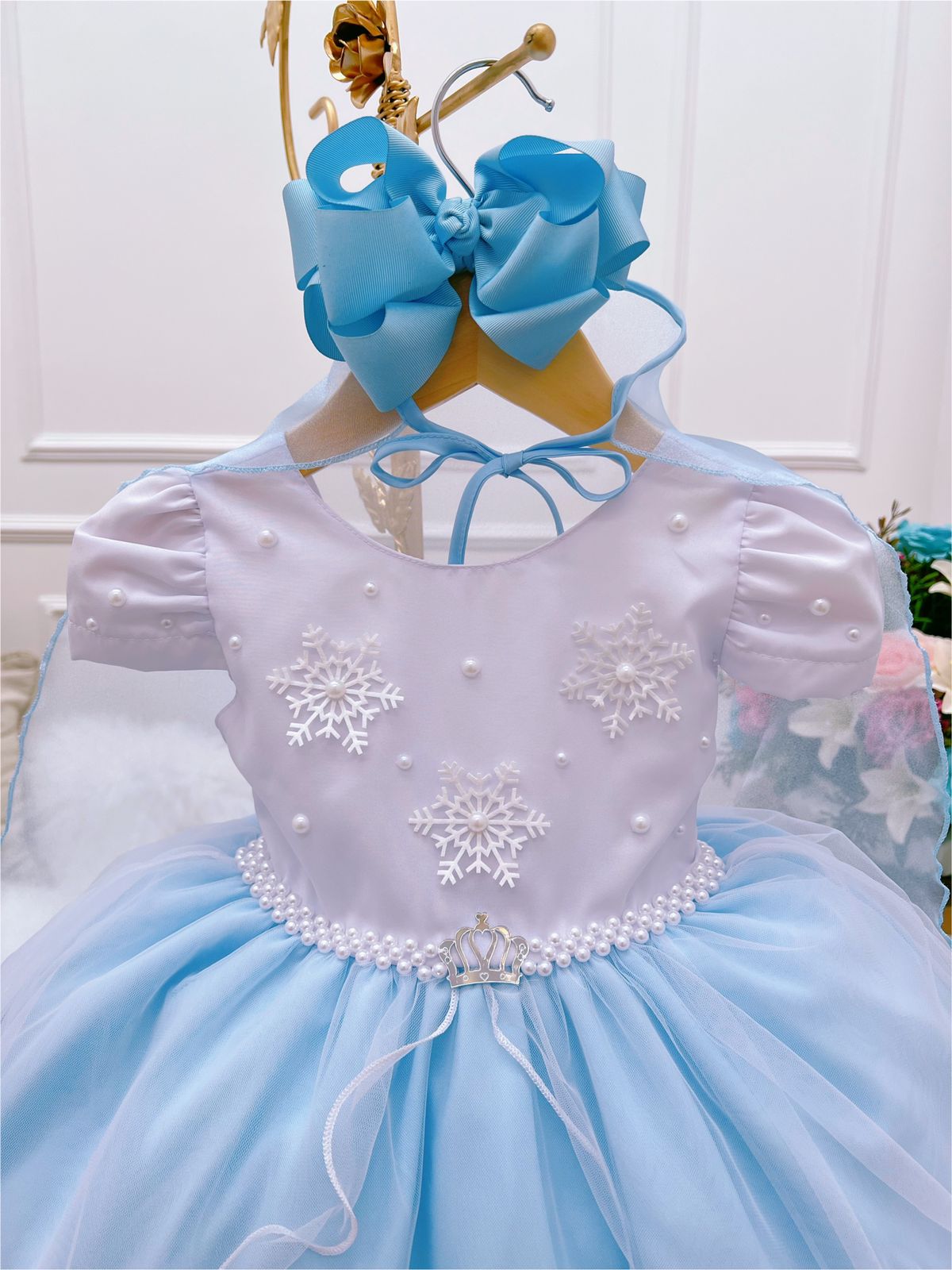 Vestido Infantil Frozen Com Capa Pérolas Festas De Princesas