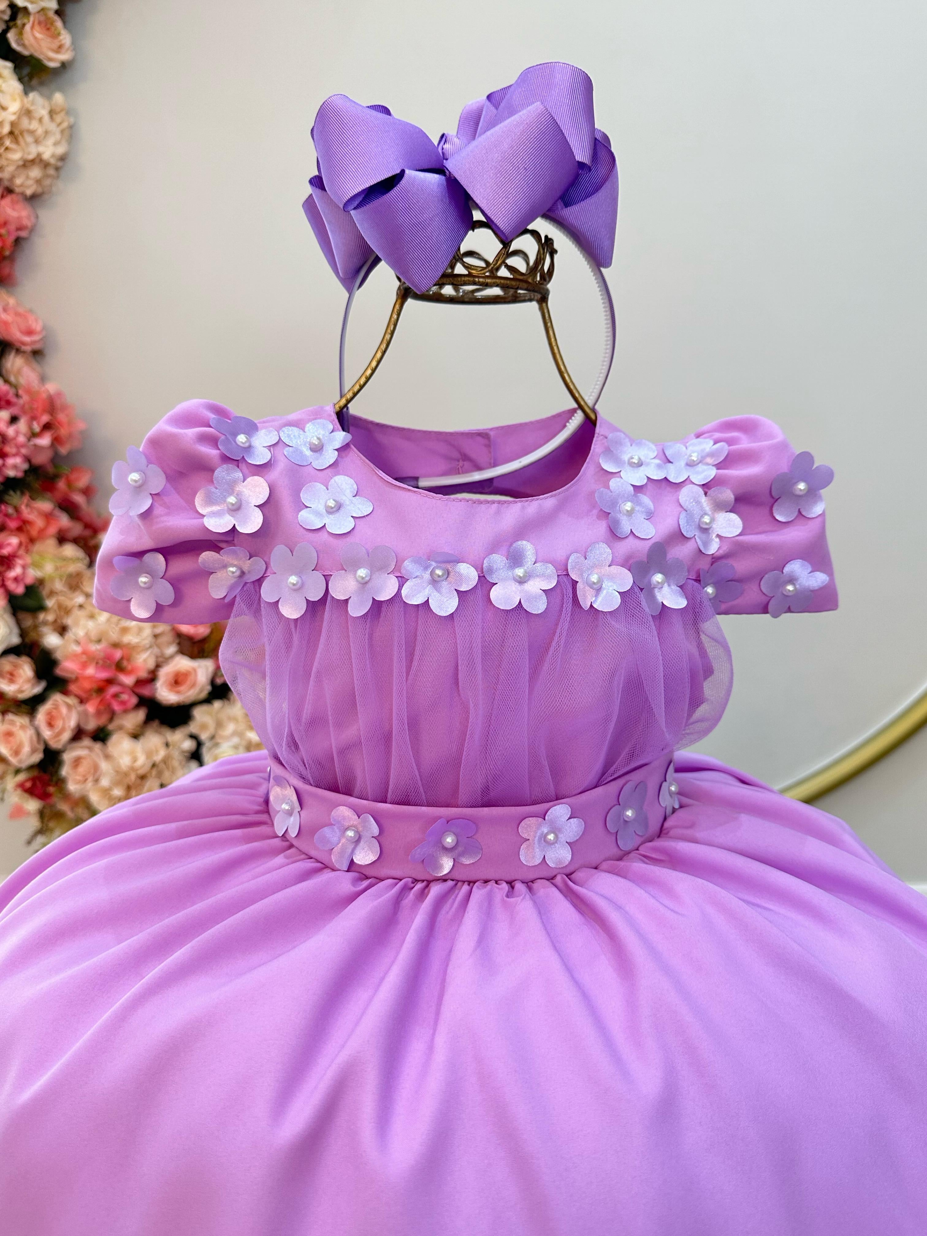 Vestido Infantil Lilás C/ Busto Tule e Aplique de Flores