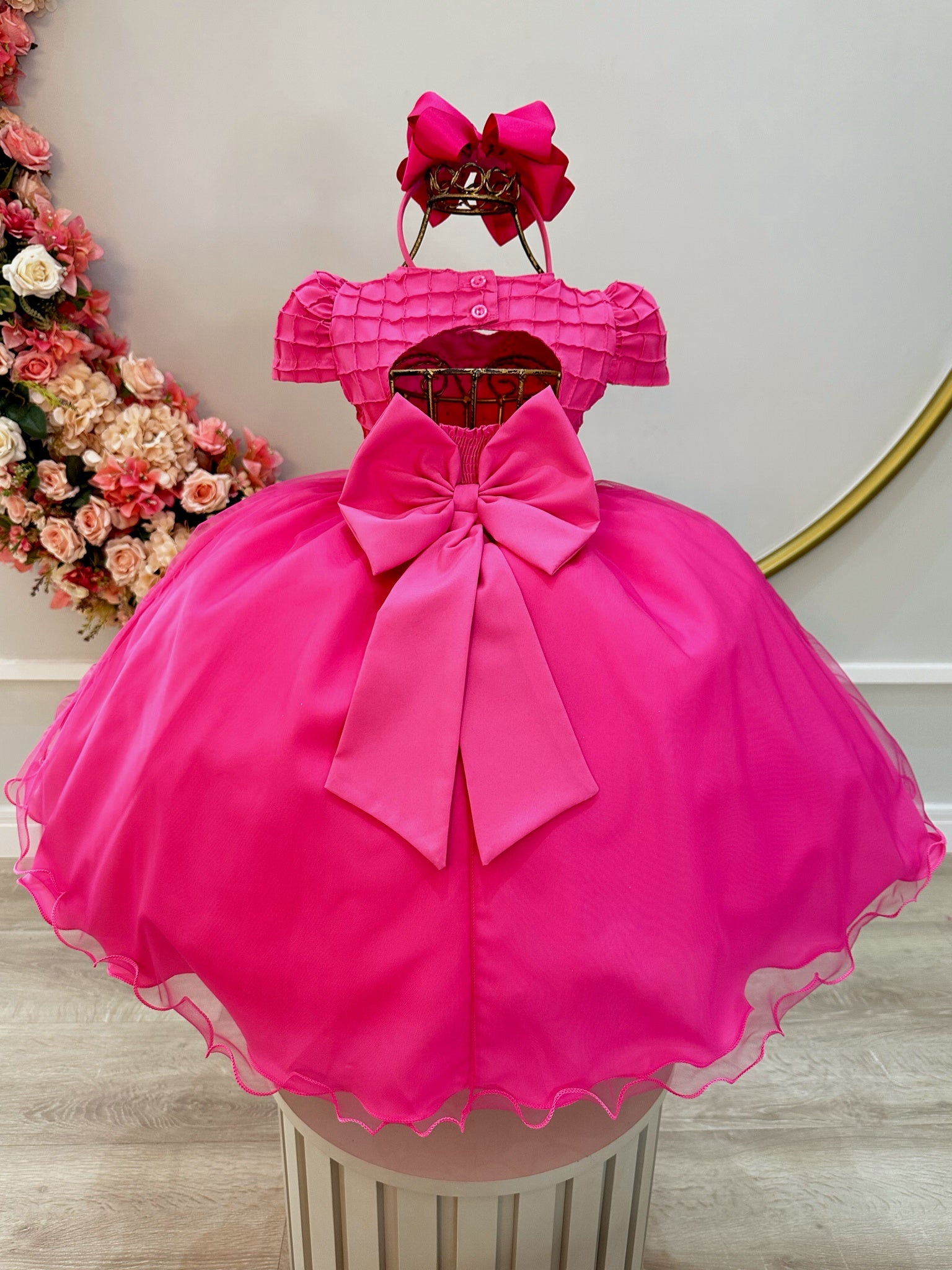 Vestido Infantil Pink Busto Nervura Strass Daminhas