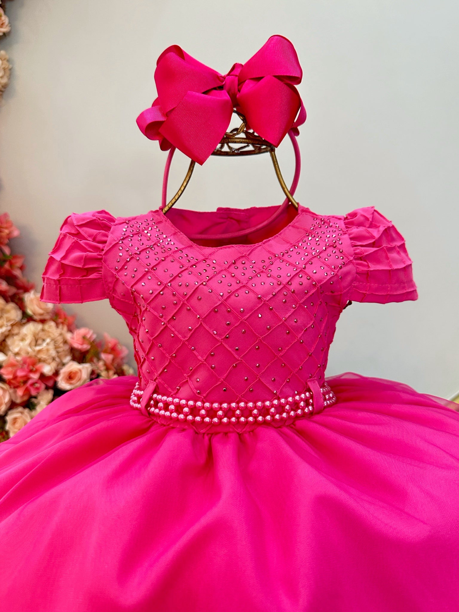 Vestido Infantil Pink Busto Nervura Strass Daminhas