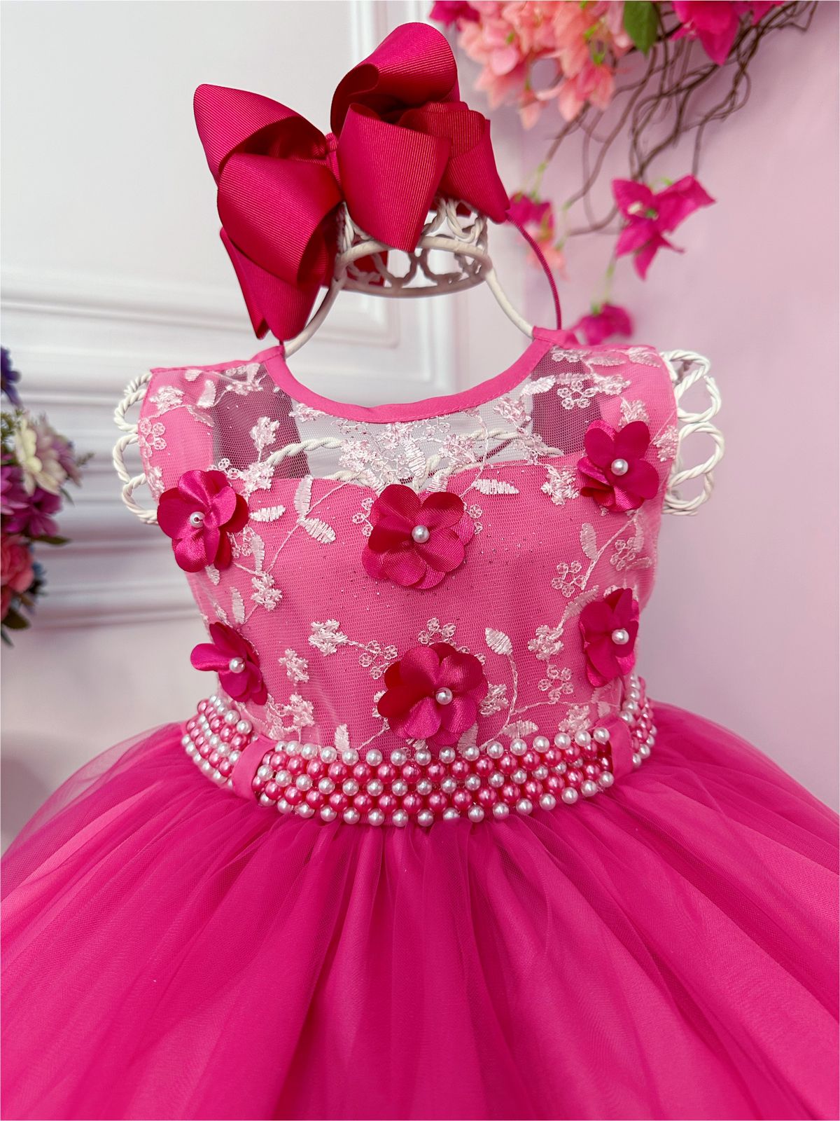 Vestido Infantil Pink C/ Aplique de Flores e Renda Luxo