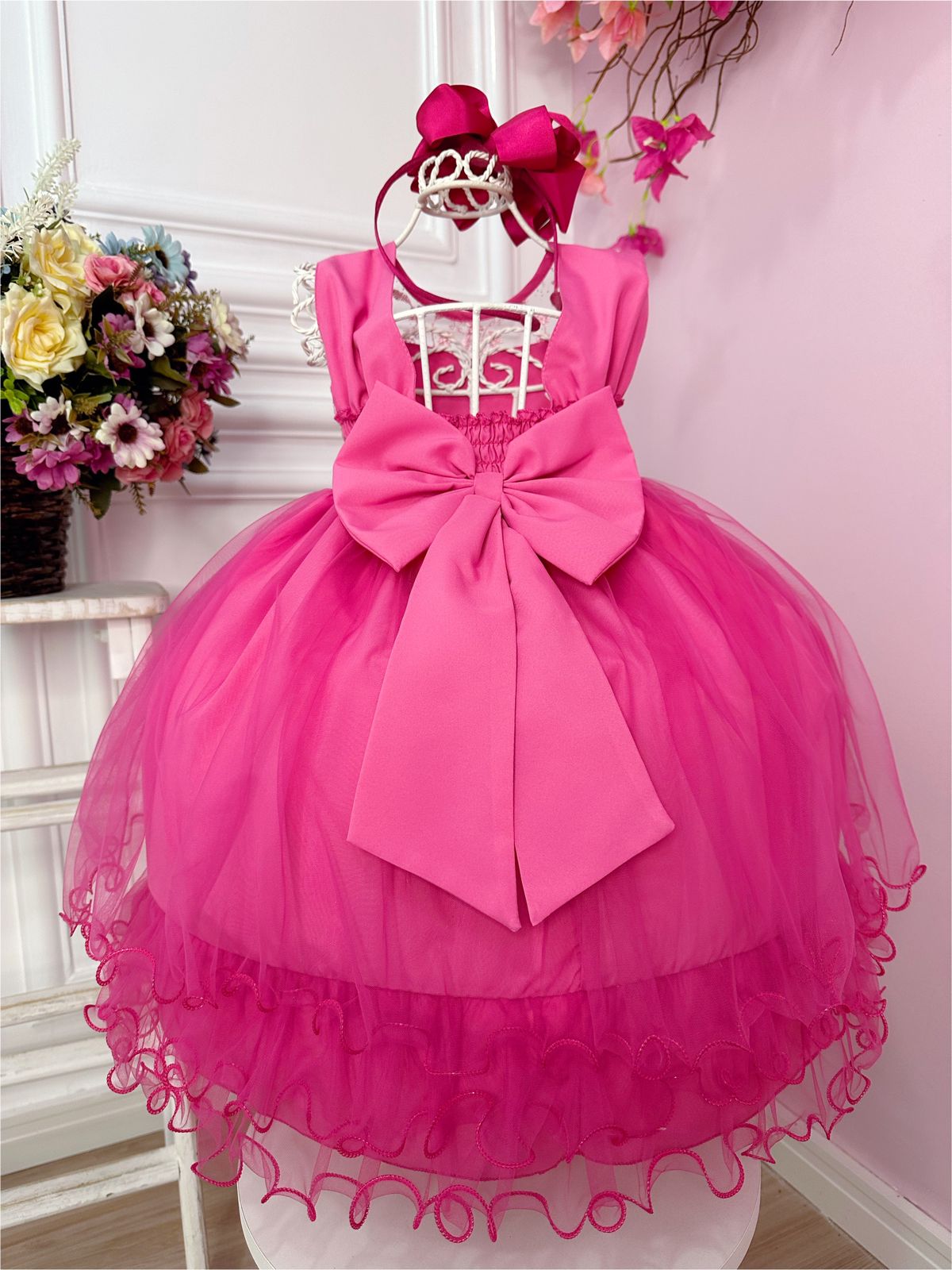 Vestido Infantil Pink C/ Aplique de Flores e Renda Luxo