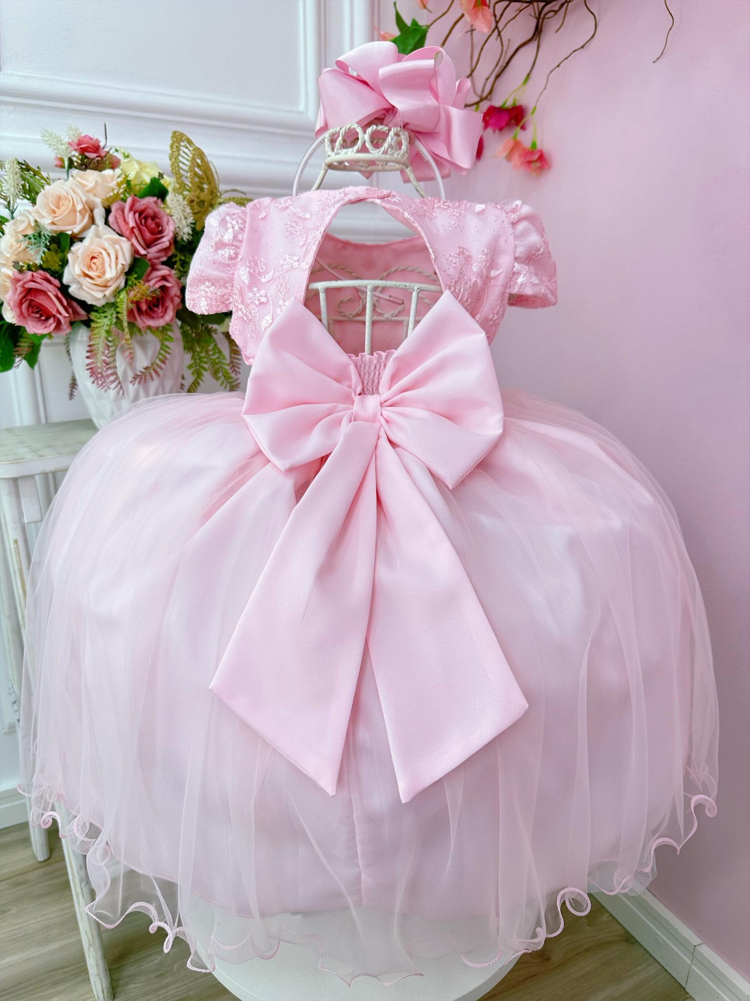 Vestido Infantil Rosa Bebê C/ Renda e Aplique Flores Festas
