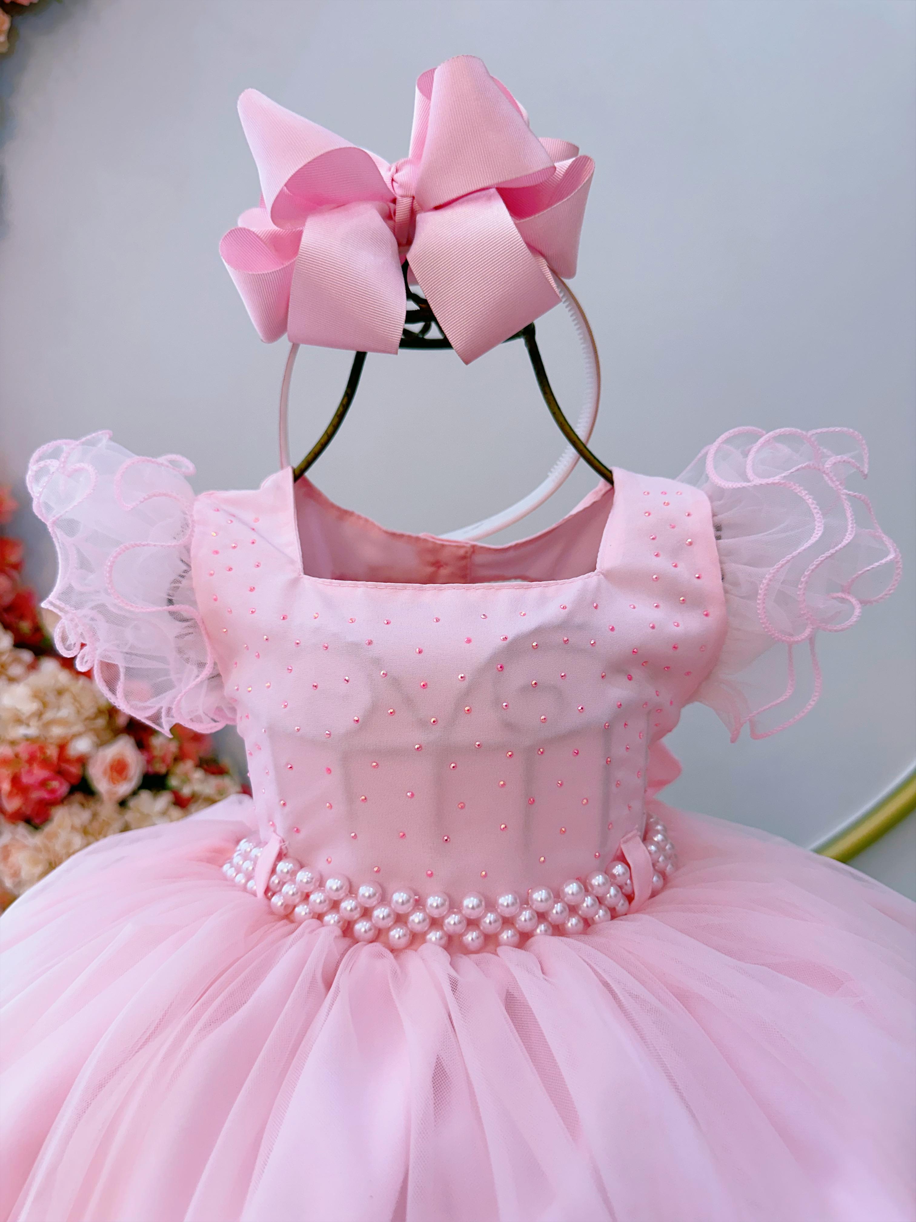 Vestido Infantil Rosa Bebê Strass no Busto e Cinto de Pérolas