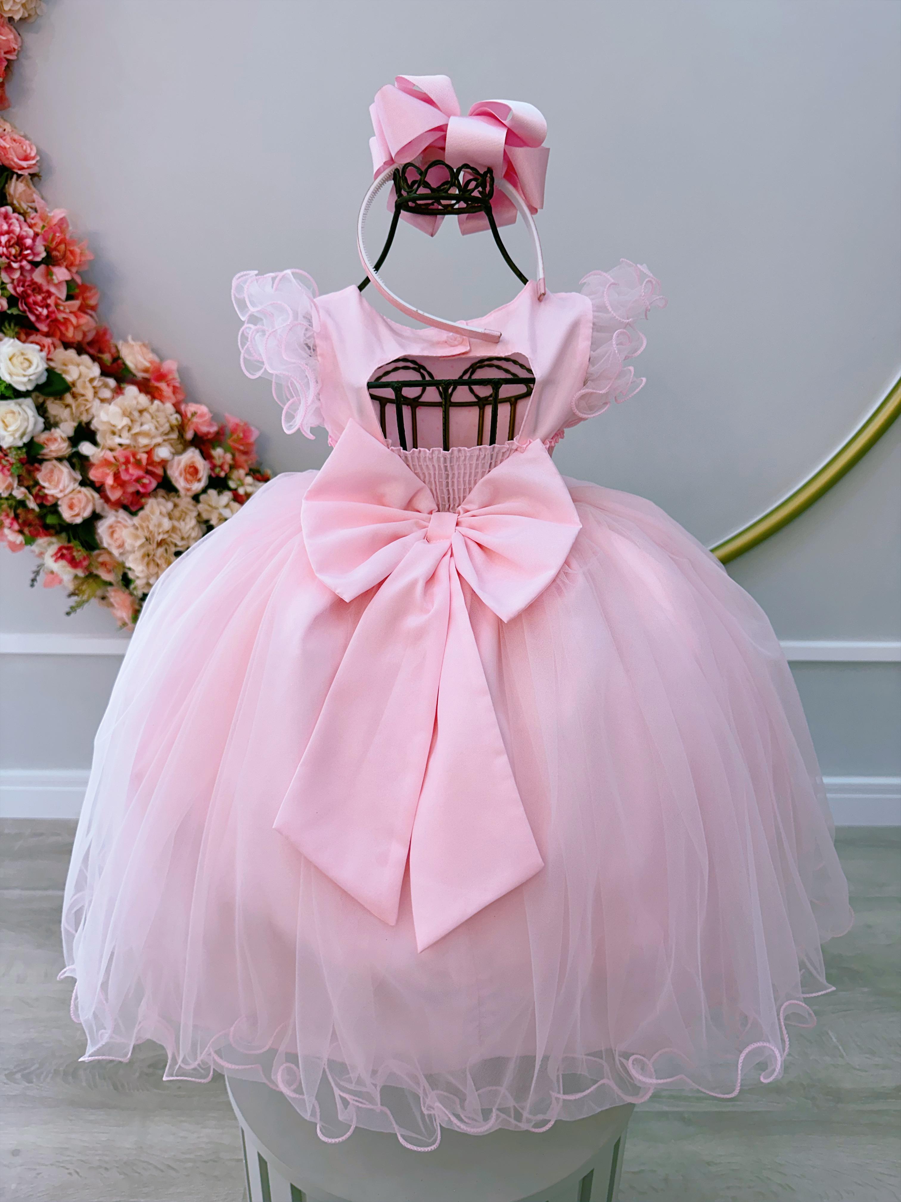 Vestido Infantil Rosa Bebê Strass no Busto e Cinto de Pérolas